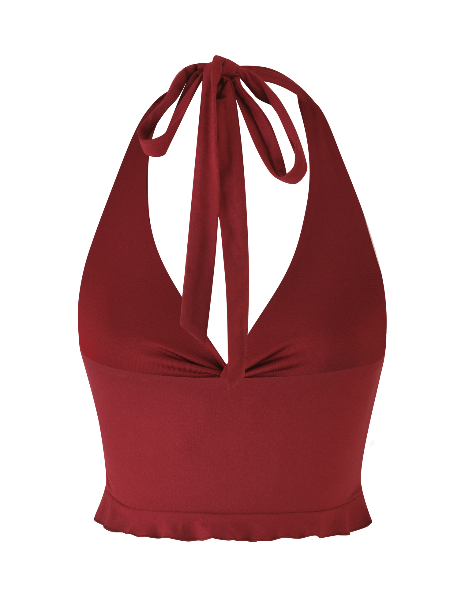 The TIGERMIST KATYA HALTER TOP in red is a sleeveless crop top featuring a halter neck with tie, V-neckline, and a subtle ruffled hem.