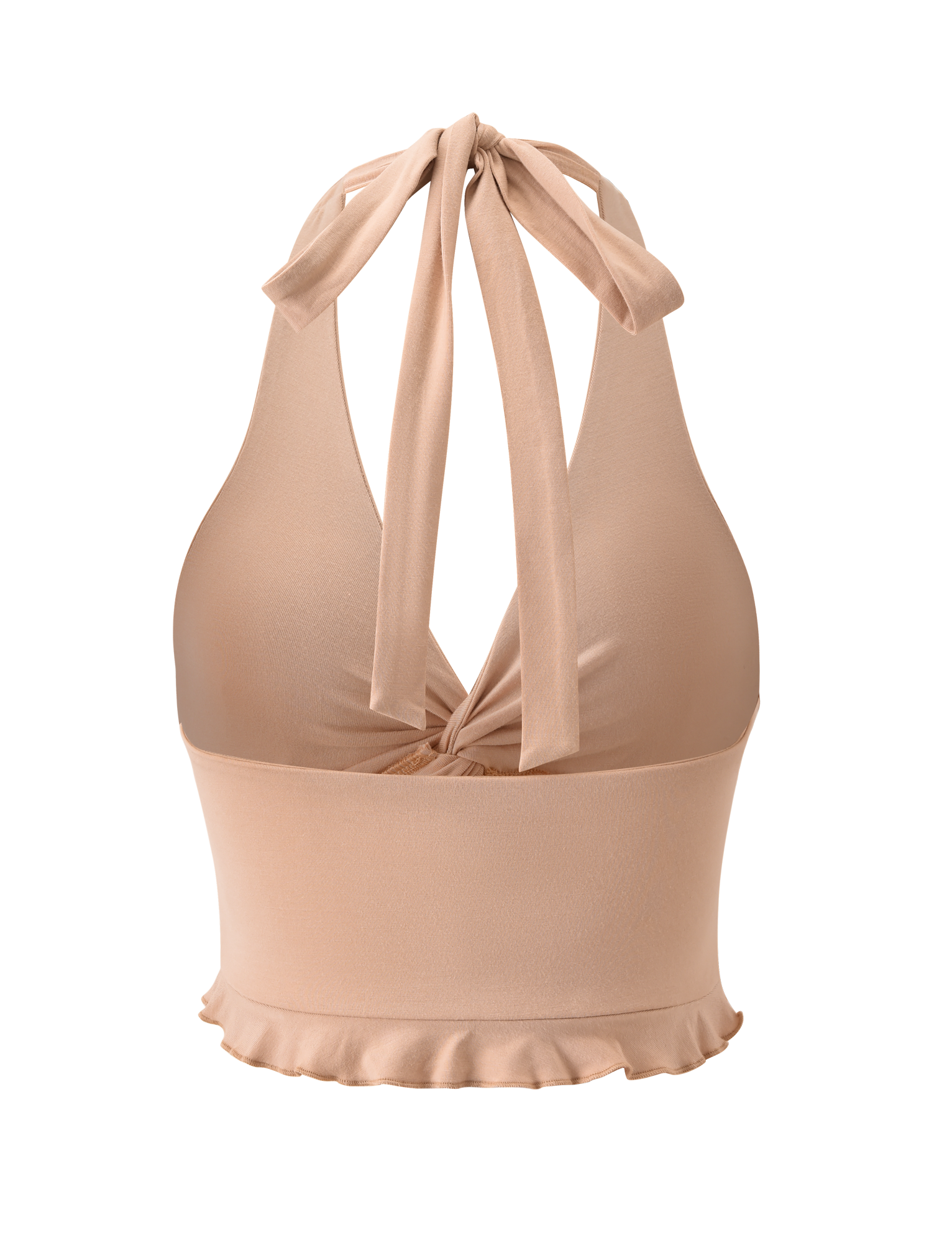 The TIGERMIST KATYA TOP in tan features a halter neck with a front twist detail, wide tie-up straps, fitted bodice, and frill hem, shown on a white background.