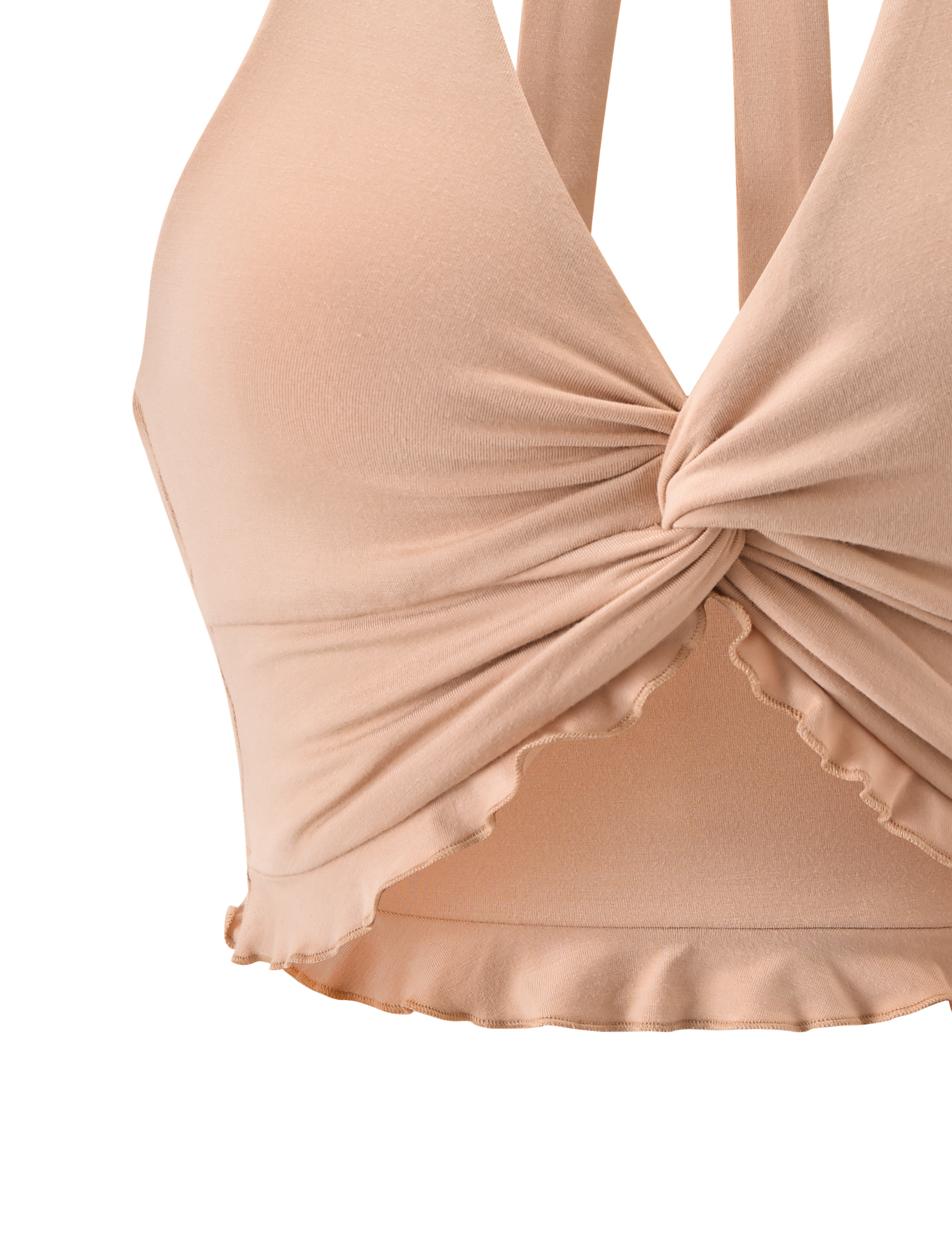Close-up of the TIGERMIST KATYA TOP in tan, featuring a halter neck, front twist detail, and subtle frill hem. The soft, stretchy fabric is shown against a plain white background.