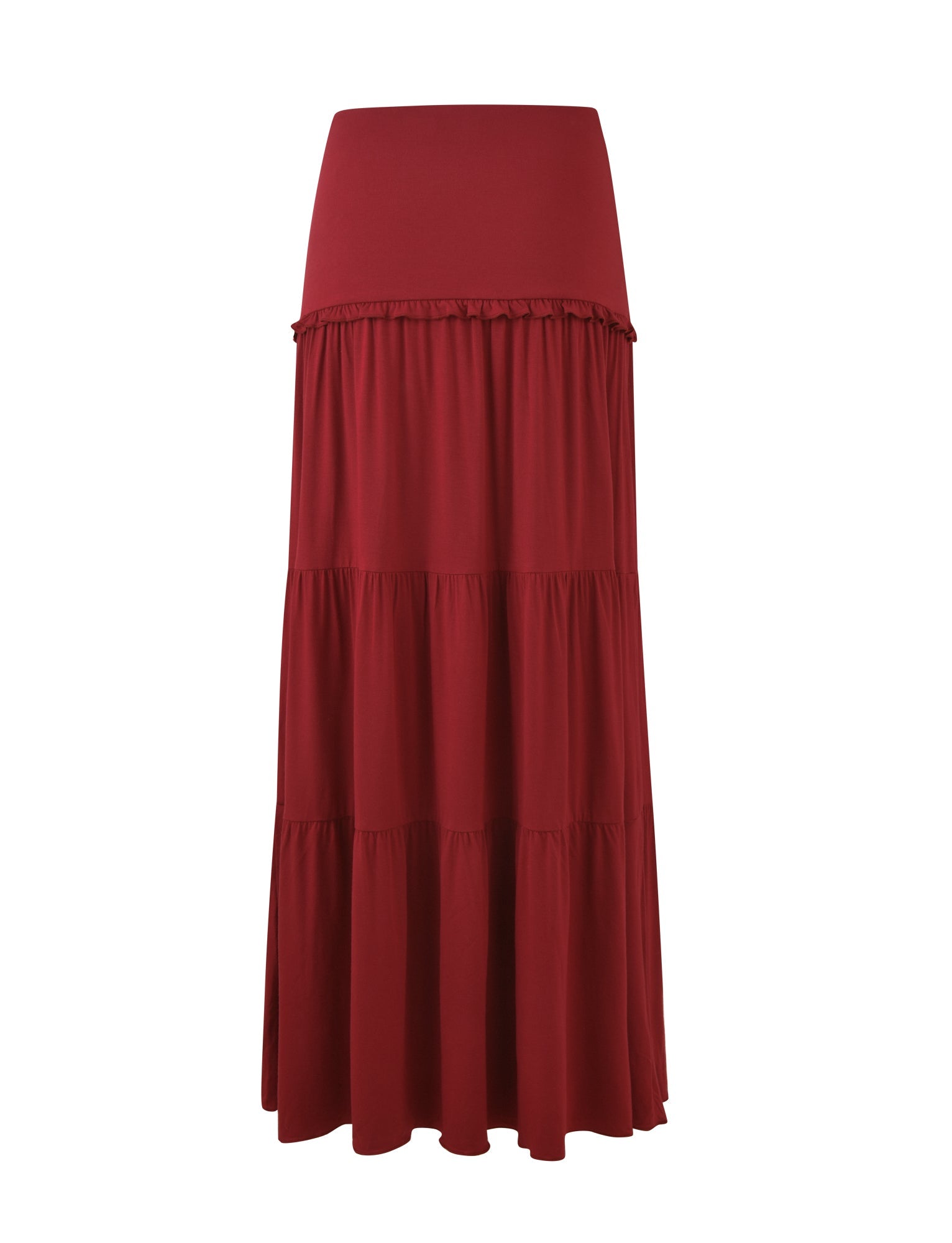 The KATYA MAXI SKIRT by TIGERMIST is a long, red maxi skirt featuring a wide, fitted waistband. Soft gathers in the fabric create an elegant silhouette with tiered panels adding texture and volume.