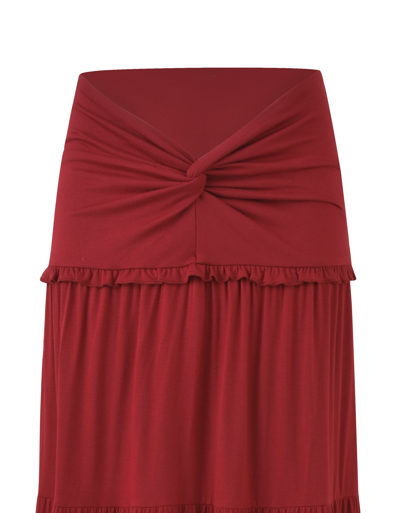 The KATYA MAXI SKIRT - RED by TIGERMIST showcases a twisted knot design at the wide waistband, tiered panels for subtle ruffles, and elegant draping soft fabric.