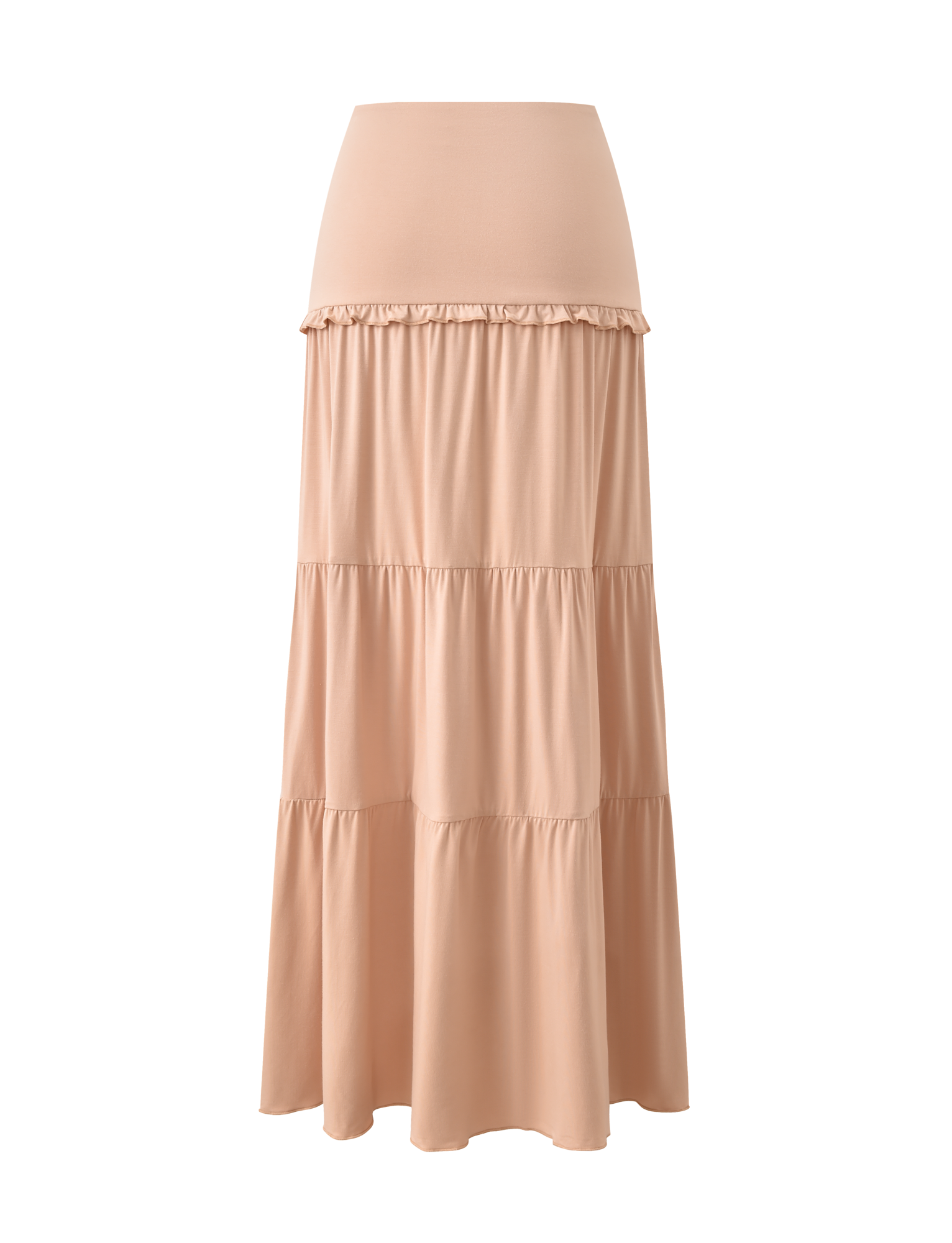 The TIGERMIST KATYA MAXI SKIRT in tan features a wide waistband, three gathered tiers, and soft, flowy fabric. Shown on a plain white background.