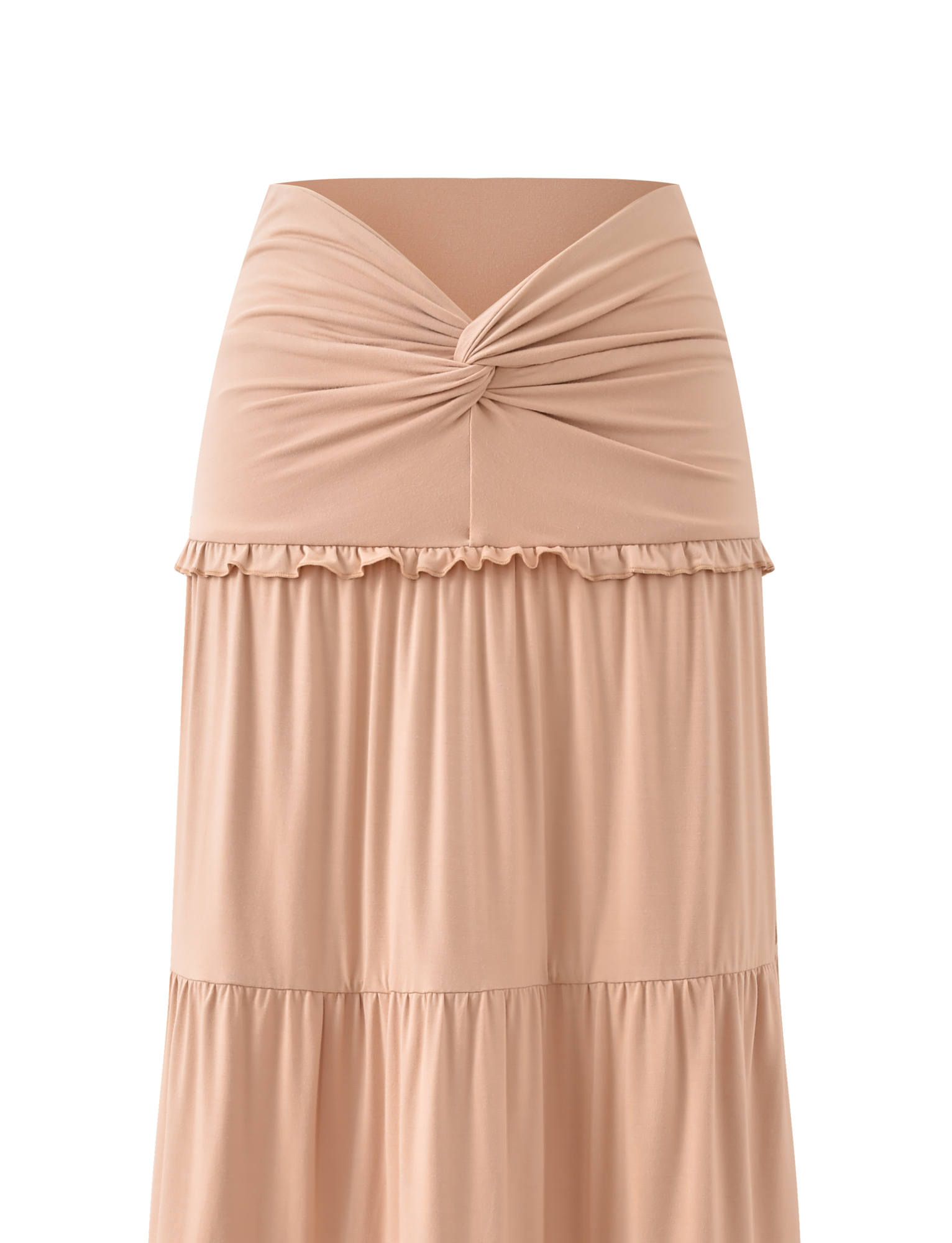 The TIGERMIST KATYA MAXI SKIRT in tan features a high waist, wide waistband, twisted knot detail, and ruffle trim below the waist. Made from soft, flowy fabric for a comfortable, elegant fit.
