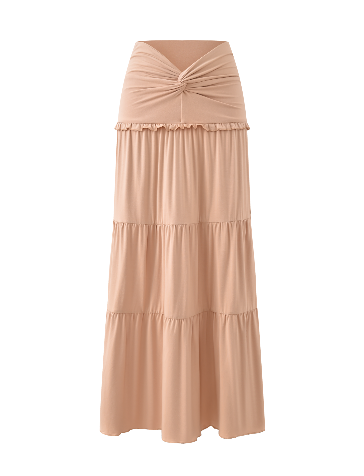 The TIGERMIST KATYA MAXI SKIRT in tan features a wide waistband, gathered knot detail, and three tiered sections with subtle ruffle seams. Shown on a plain white background.