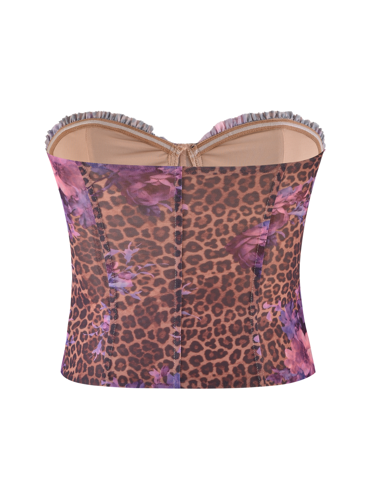 The TIGERMIST HOLLIS TOP features a strapless corset design with bold leopard and purple floral prints, accented by a ruffle trim along the top edge, shown against a plain white background.
