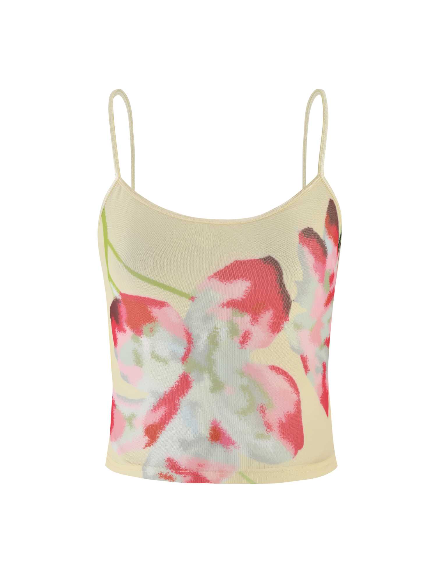 The MARIANA TOP in pale yellow by TIGERMIST features adjustable straps and a bold abstract floral print in pink, red, and green—perfect as a standout camisole for any casual look.