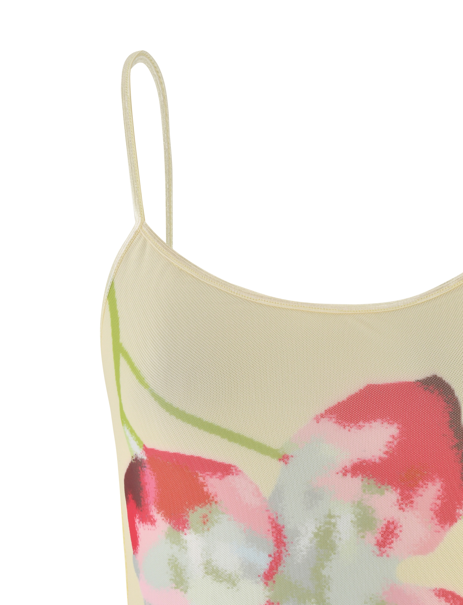 Close-up of the TIGERMIST MARIANA TOP in pale yellow, featuring thin adjustable straps and an abstract print in pink, red, green, and white. Made from high stretch fabric for comfort and a flattering fit.