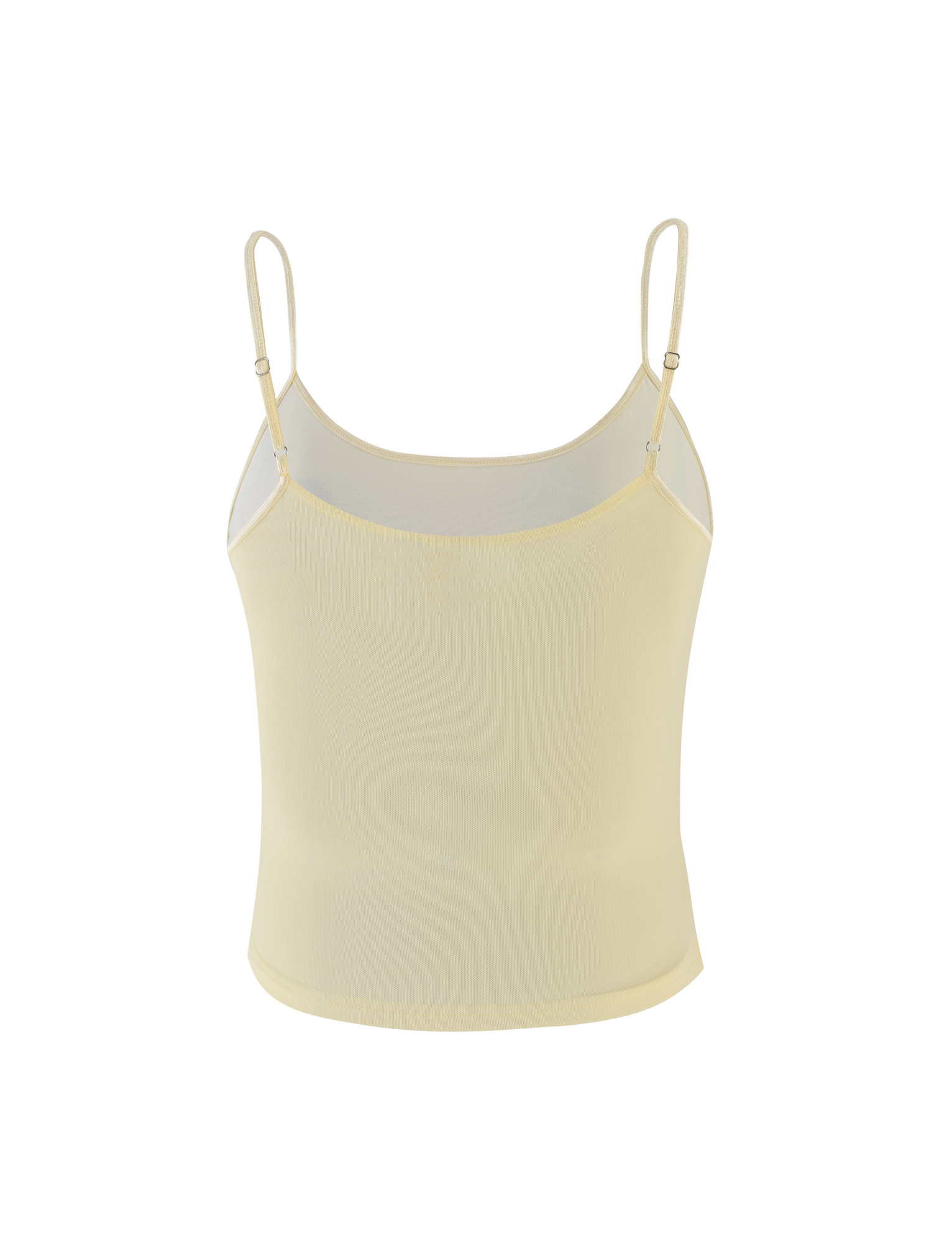 The MARIANA TOP by TIGERMIST is a pale yellow floral camisole featuring high-stretch fabric and thin adjustable spaghetti straps, shown on a plain white background.