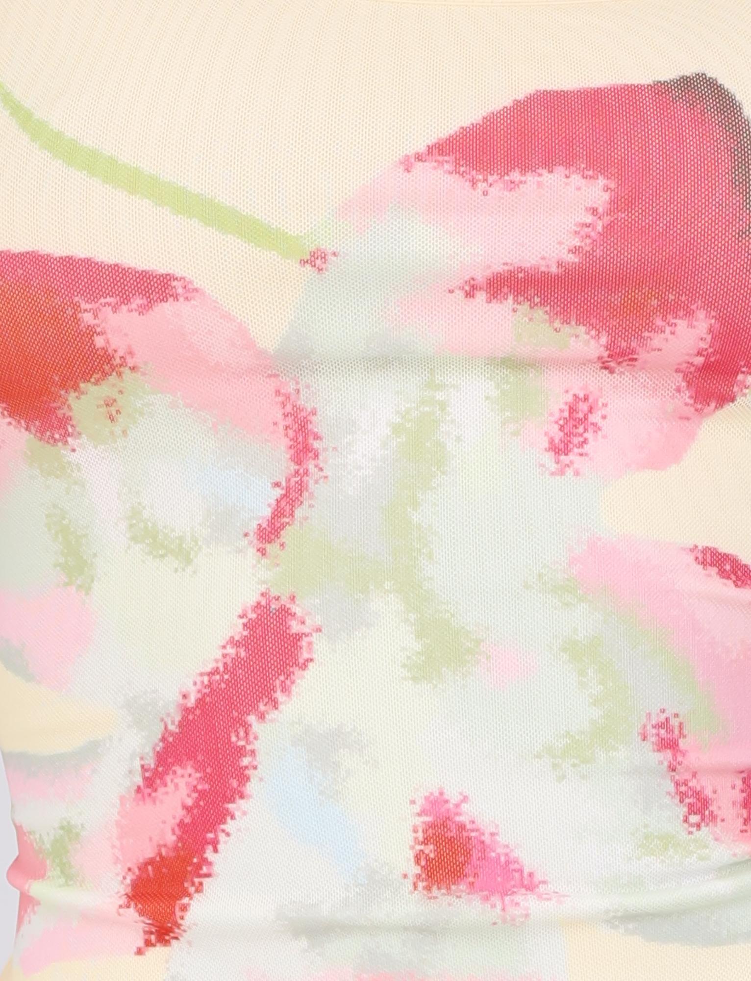 Abstract digital artwork featuring a pixelated yellow flower with green stem and leaves on a light beige background. Inspired by the delicate charm of the MARIANA TOP - YELLOW from TIGERMIST, it blends vibrant pastel colors in a soft, dreamy style.