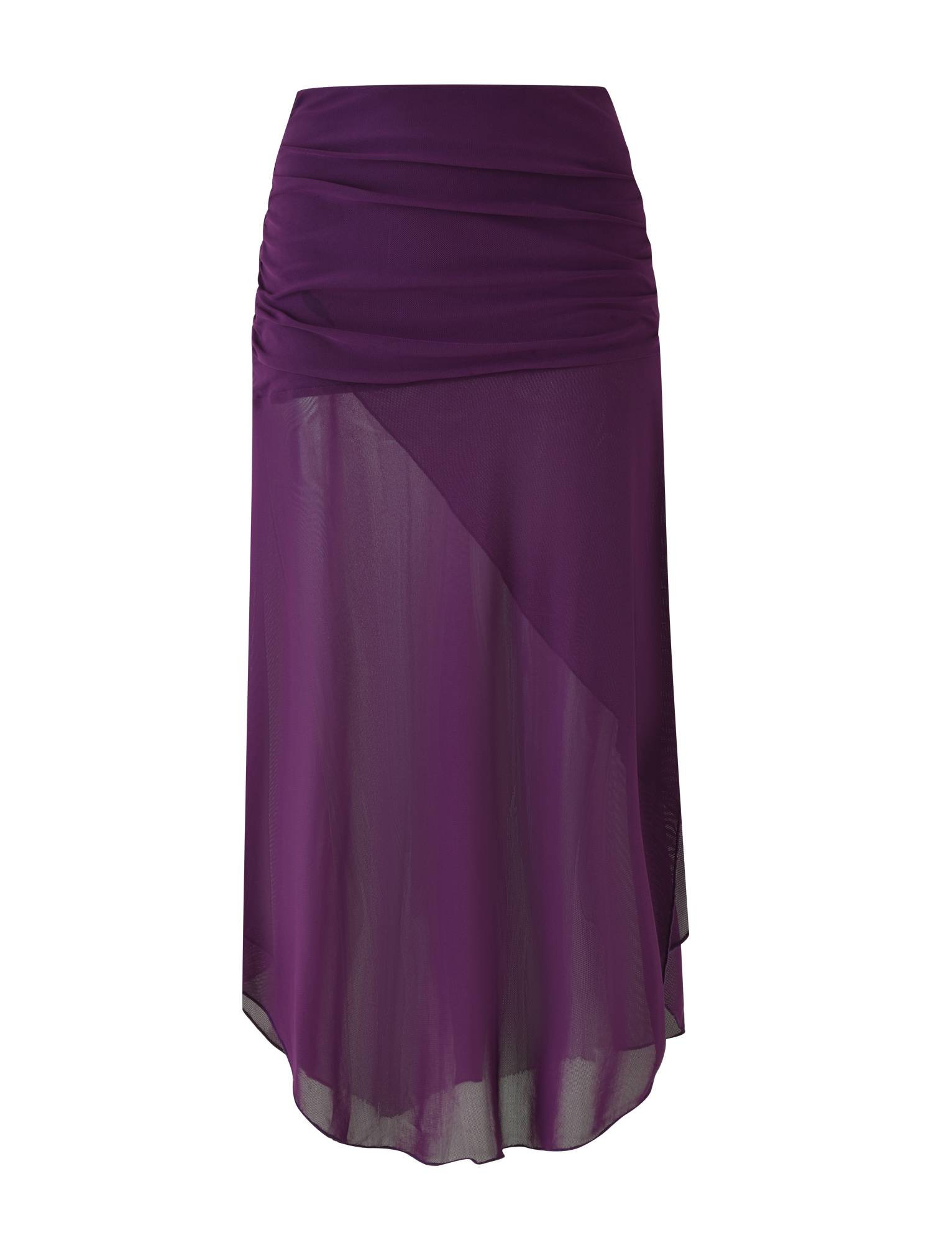 The TIGERMIST MARIANA SKIRT - PURPLE is a midi skirt with a sheer overlay, ruched waist, and asymmetrical hem for a chic look.