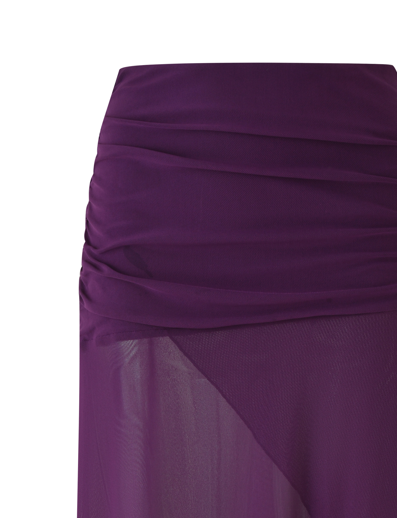Close-up of the TIGERMIST MARIANA SKIRT - PURPLE, a sheer midi skirt with ruched waist and slightly asymmetrical hem. The lightweight, semi-transparent fabric adds delicate texture to the design.