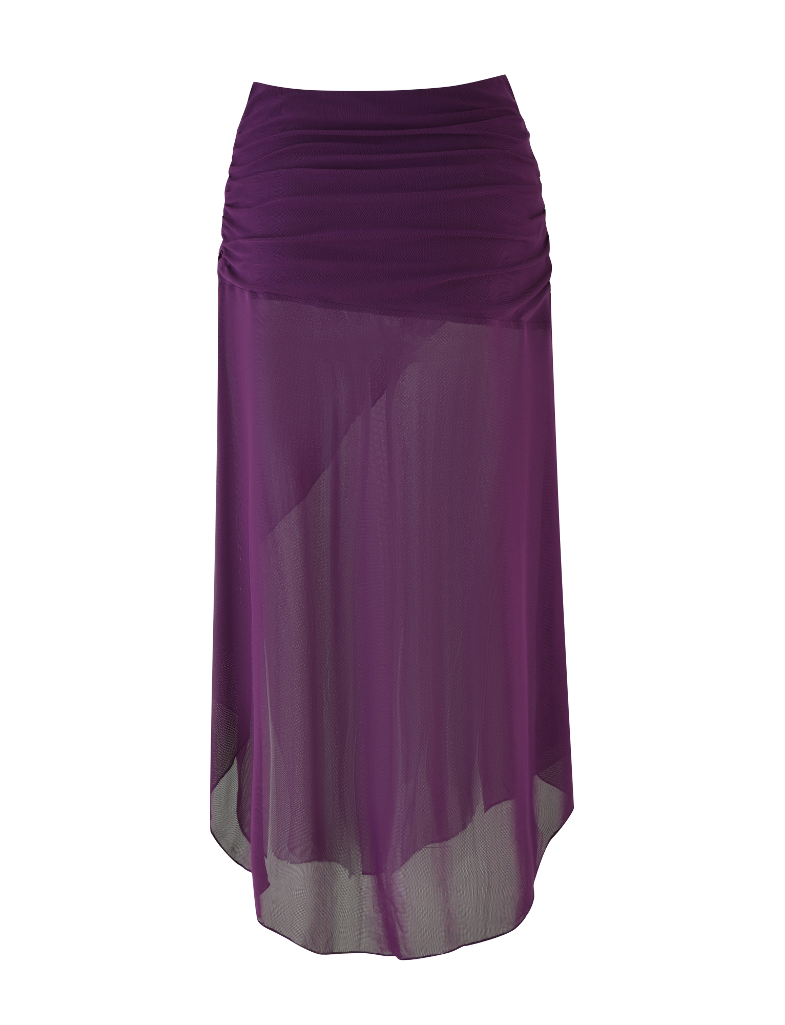 The TIGERMIST MARIANA SKIRT - PURPLE is a sheer midi skirt featuring a ruched waistband and a slightly asymmetrical hem, shown on a plain white background.