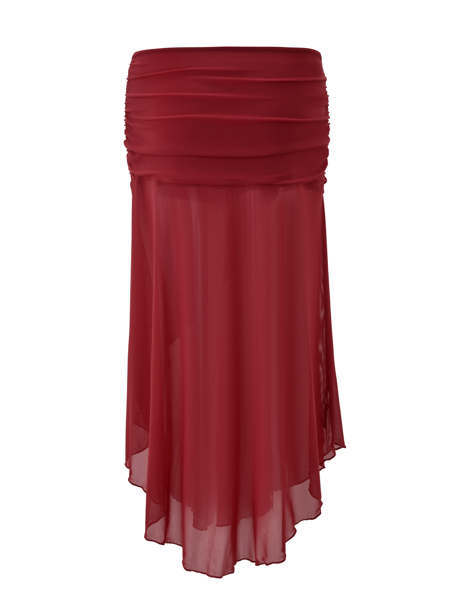 The TIGERMIST MARIANA SKIRT - RED is a knee-length, asymmetric wrap skirt in burgundy chiffon with a ruched waistband and sheer overlay, offering a soft drape and timeless, layered style.