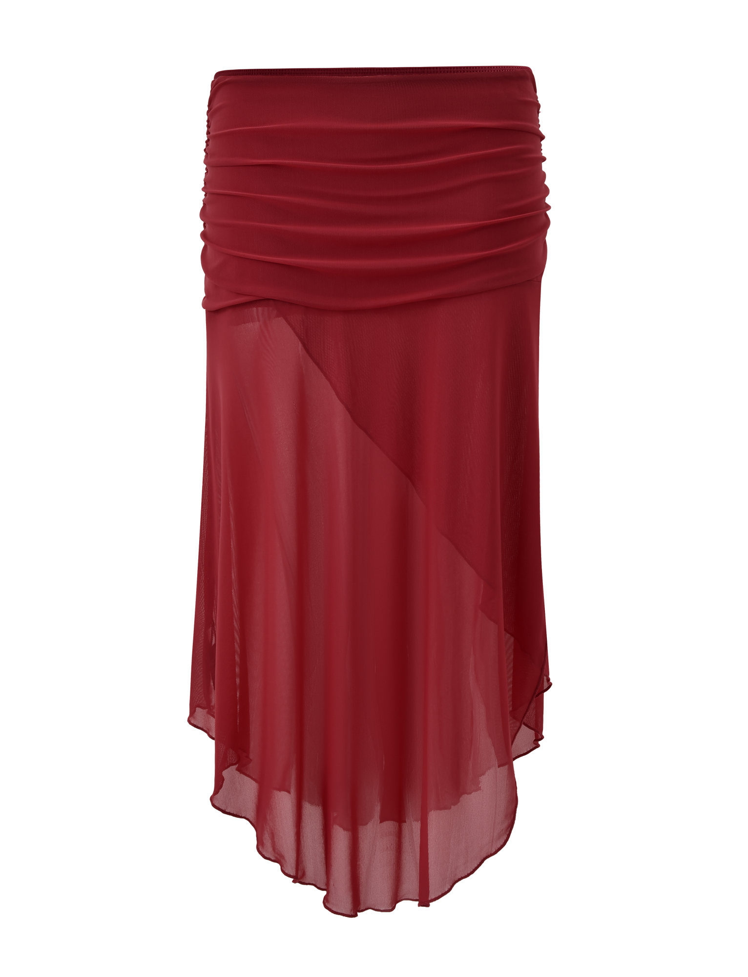 The TIGERMIST MARIANA SKIRT - RED is a sheer, knee-length skirt with a ruched waistband and asymmetric wrap silhouette, crafted from lightweight, flowy fabric.