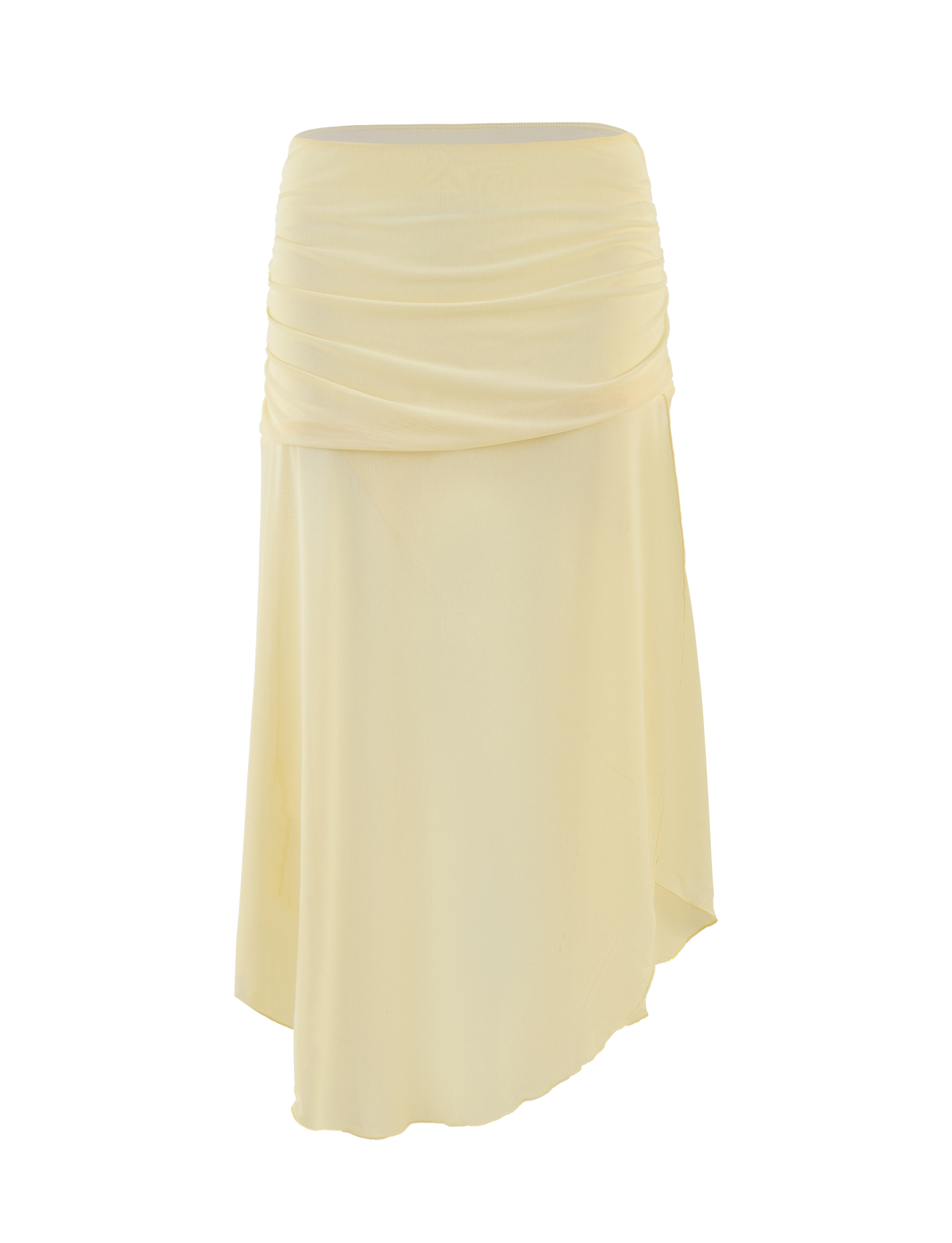 The MARIANA SKIRT by TIGERMIST in pale yellow is a knee-length midi with a ruched waistband, asymmetrical hem, and high-stretch fabric, shown against a plain white background.