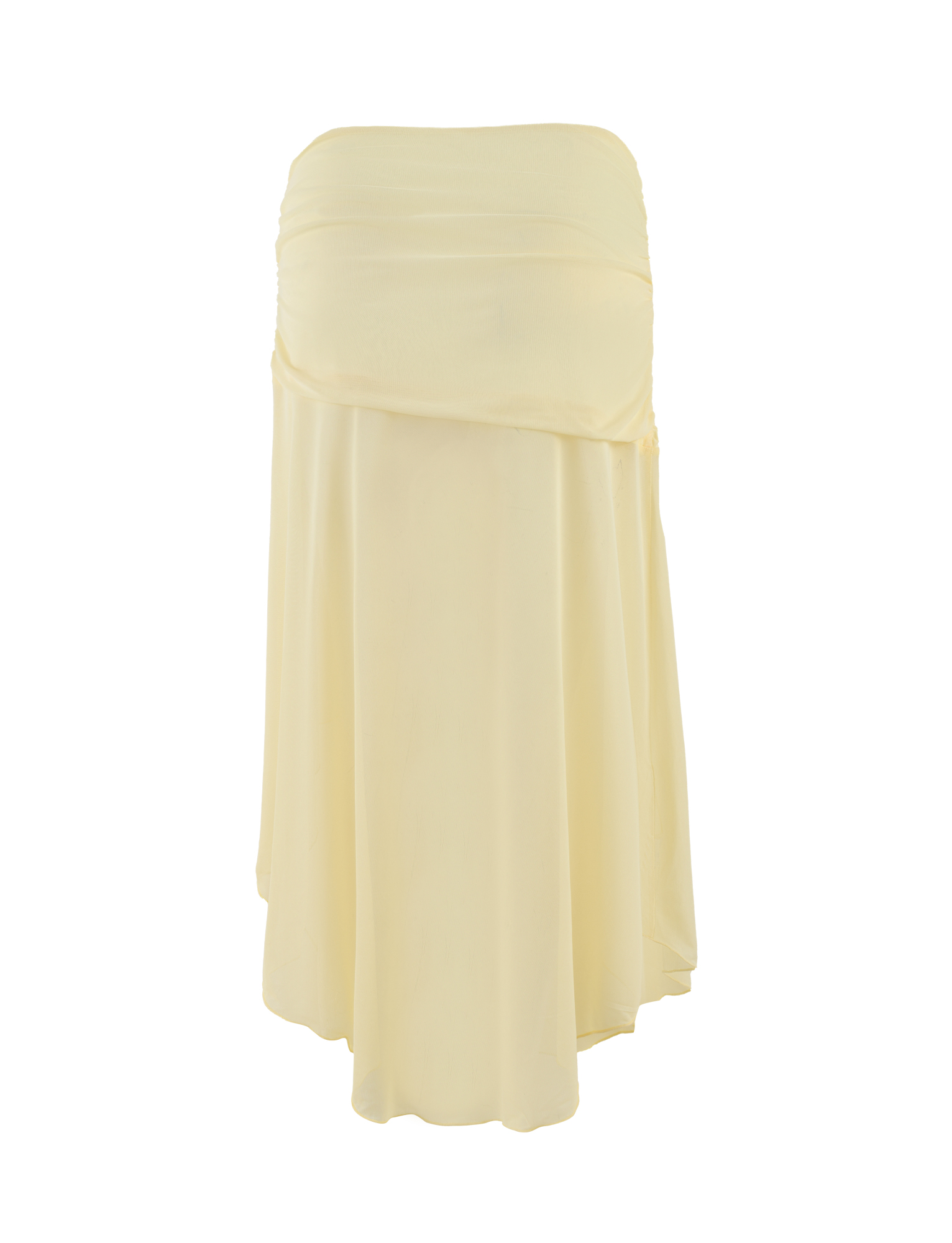 The TIGERMIST MARIANA SKIRT in pale yellow is a strapless chiffon midi with a flowy, layered, asymmetric wrap silhouette, shown against a white background.