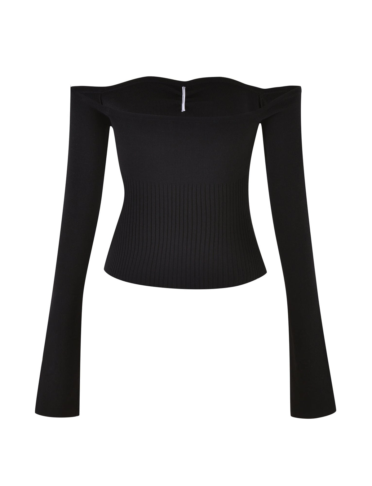 The TIGERMIST LILYANNA LONG SLEEVE TOP in black showcases a fitted silhouette through the body and sleeves, featuring a fully fashioned knit off-the-shoulder design. It is enhanced with a ribbed texture around the waist and flared sleeves, complete with a visible zip closure at the back.