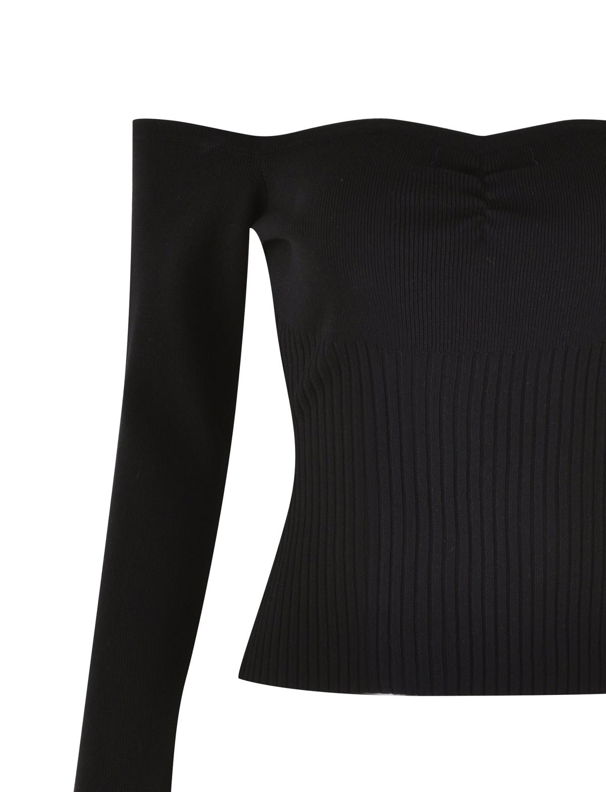 Introducing the LILYANNA LONG SLEEVE TOP by TIGERMIST—a stunning black off-the-shoulder piece crafted from a fully fashioned knit. This top boasts a ribbed texture, long sleeves, and a fitted design through the body and sleeves, accentuating its vertical ribbed details.