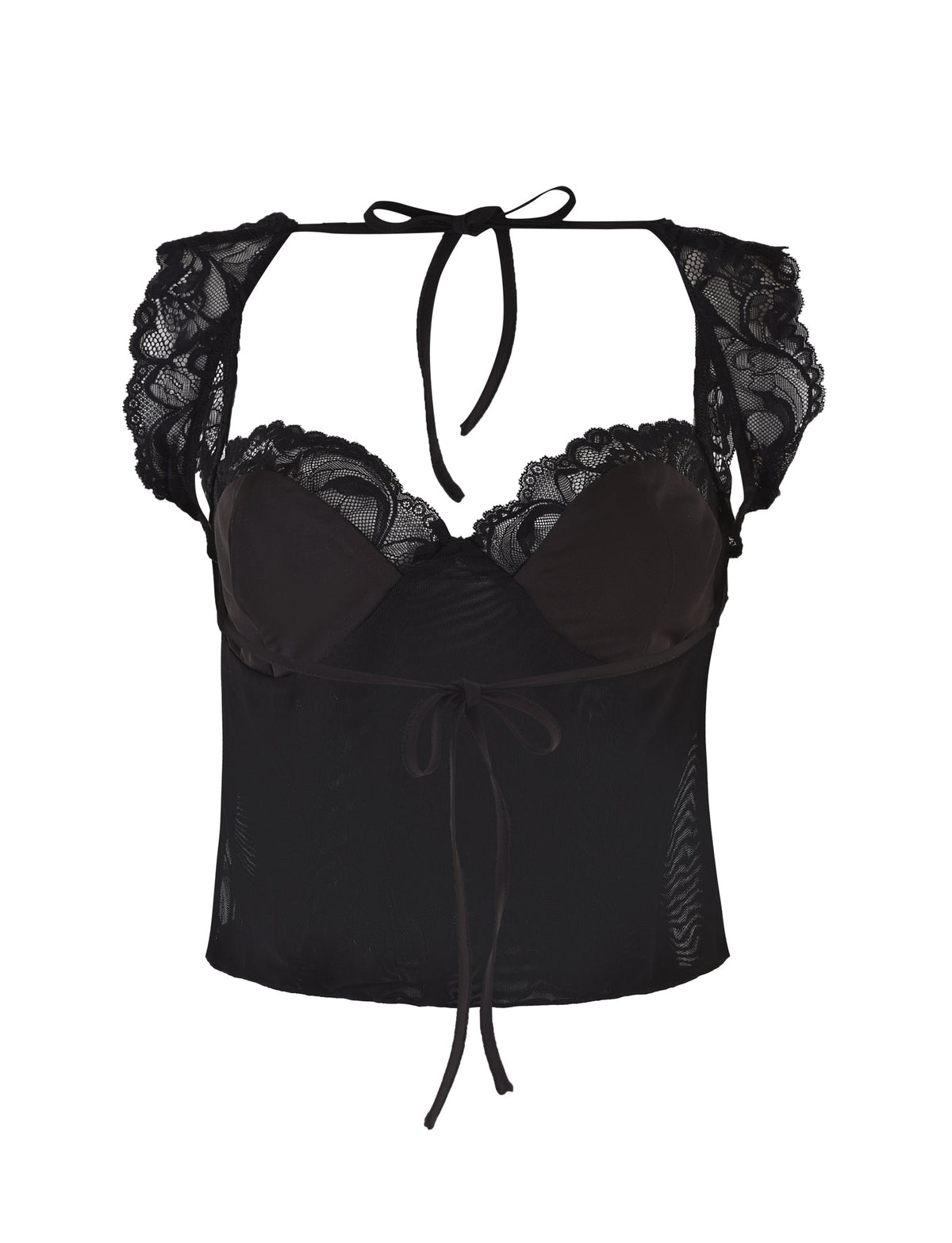 The NYOMI TOP - BLACK by TIGERMIST is a black lace crop top featuring sheer panels and cap sleeves. Its open back design is enhanced with delicate lace detailing around the neckline and shoulders. The adjustable ties at the front and back add a feminine and stylish touch.