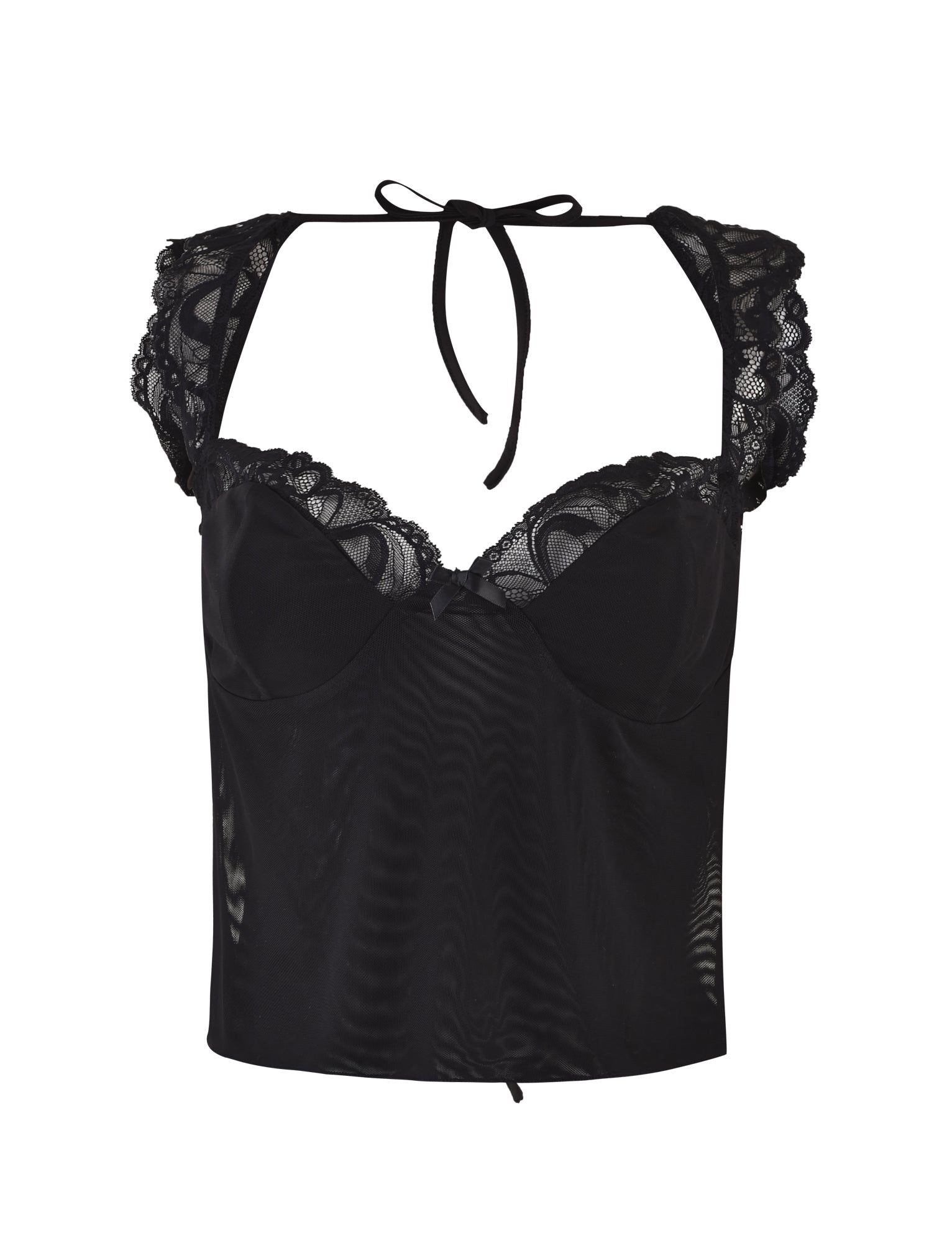 The NYOMI TOP - BLACK from TIGERMIST is a stunning black lace corset-style piece that comes with cap sleeves and a tie at the neck. It showcases intricate floral lace detailing along the neckline and sleeves, complemented by a sheer lace panel and an elegant open back design for added allure.