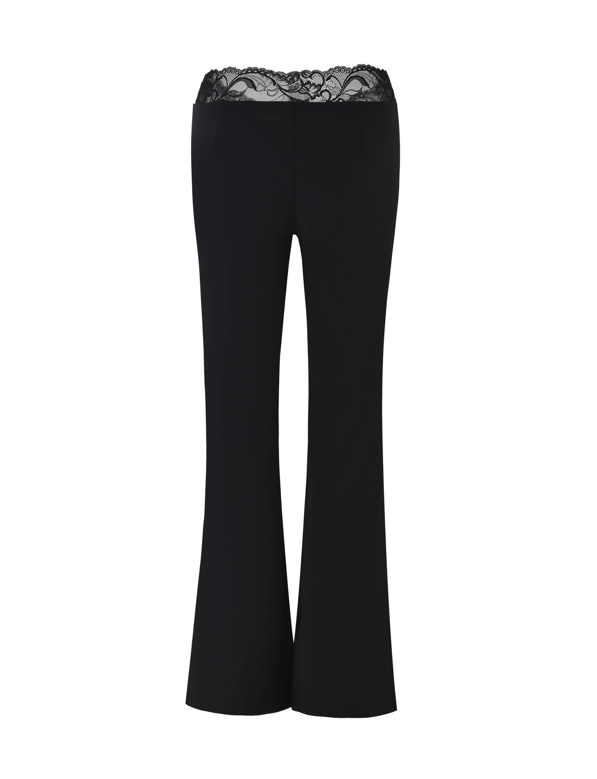 The NYOMI PANT - BLACK by TIGERMIST showcases a flared leg design with a delicate lace detail around the waist, presented on a white background.