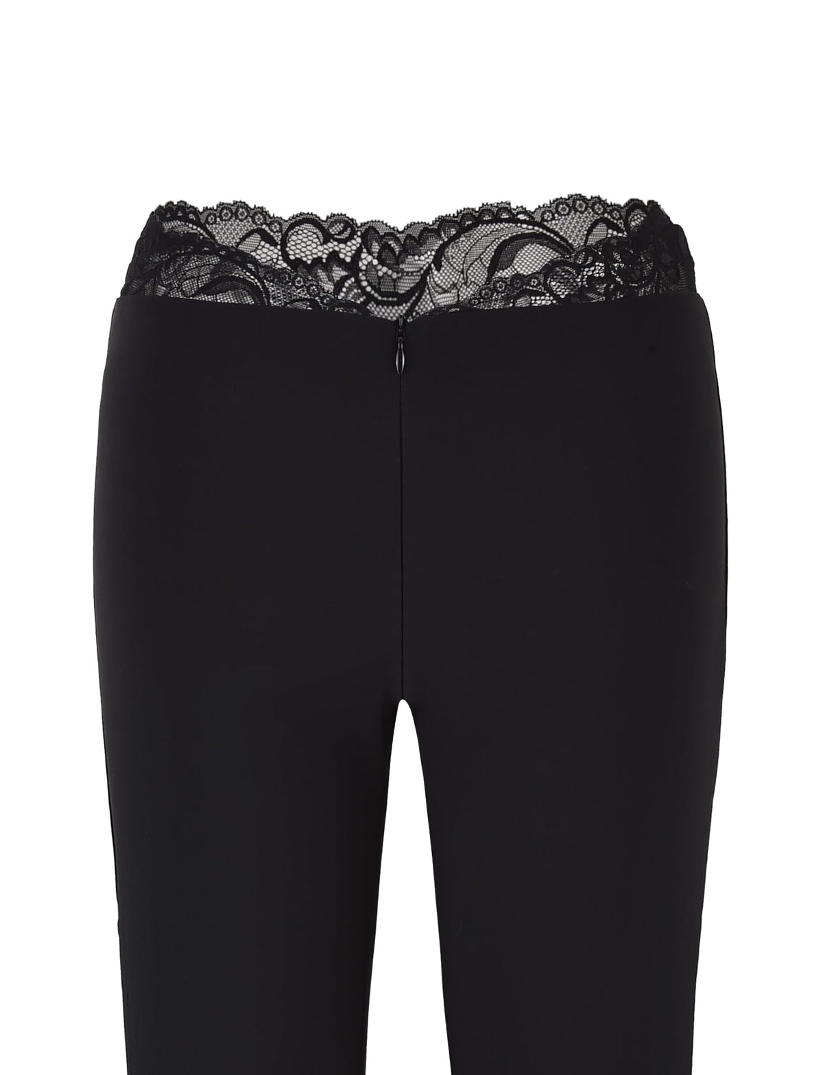 The NYOMI PANT - BLACK by TIGERMIST features a flared design with a lace detail waistband at the top, shown from the front.