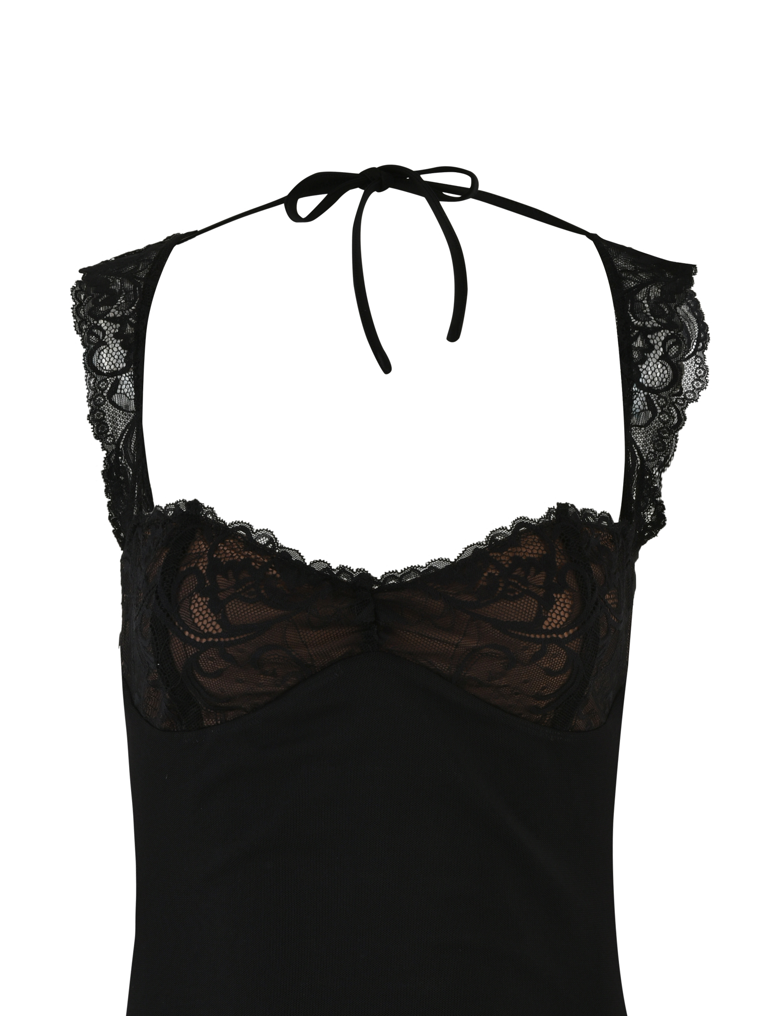 The NYOMI MINI DRESS - BLACK by TIGERMIST features see-through lace at the bust, lace-trimmed shoulder straps, a halter tie neck, and an open back design.