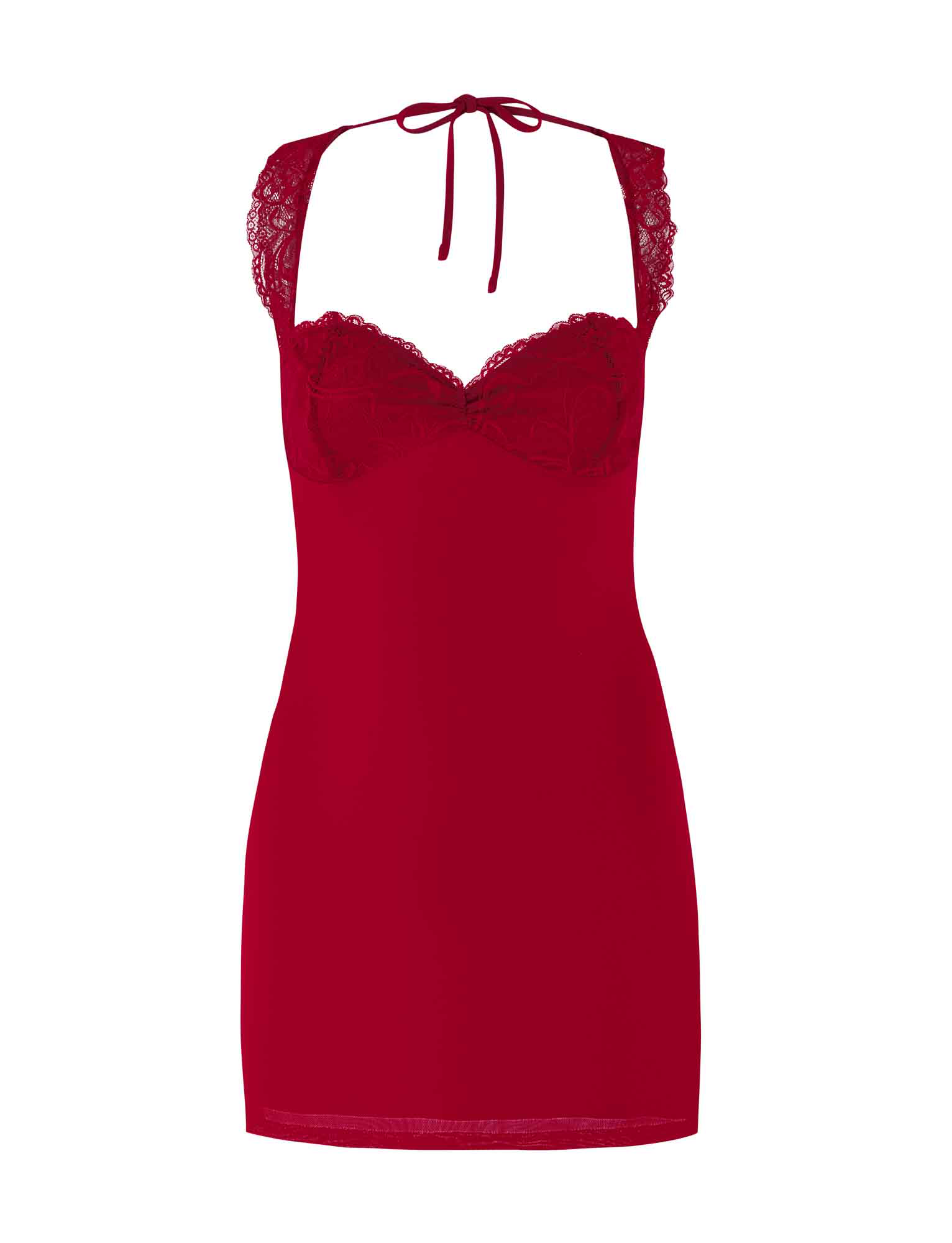 The NYOMI MINI DRESS - RED by TIGERMIST is a sleeveless red mini dress featuring lace-trimmed cups and straps, a halter neck tie, fitted bodice, alluring open back design, and is short in length.