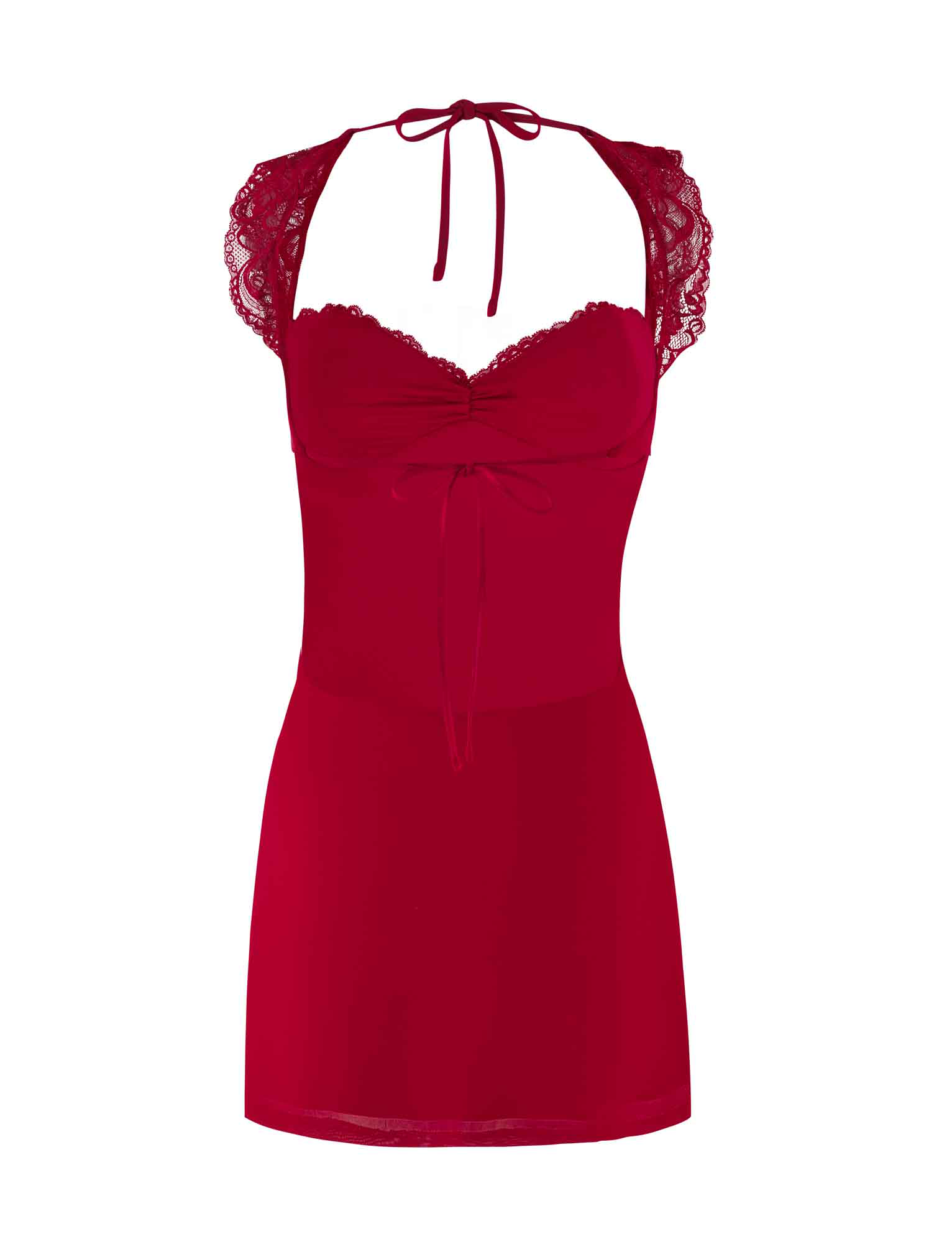 The NYOMI MINI DRESS - RED by TIGERMIST is a red mini nightdress featuring lace cap sleeves, a sweetheart neckline, a chest bow tie, and an open back with a ribbon neck tie.