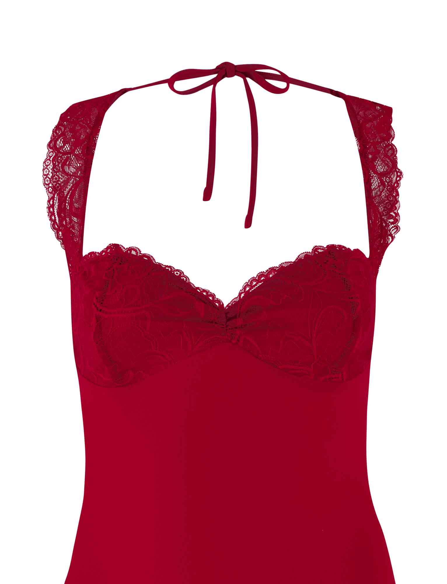 The NYOMI MINI DRESS - RED by TIGERMIST features a lace-trimmed design with a sweetheart neckline, lace cups, thin tie straps at the neck, and an alluring open back.