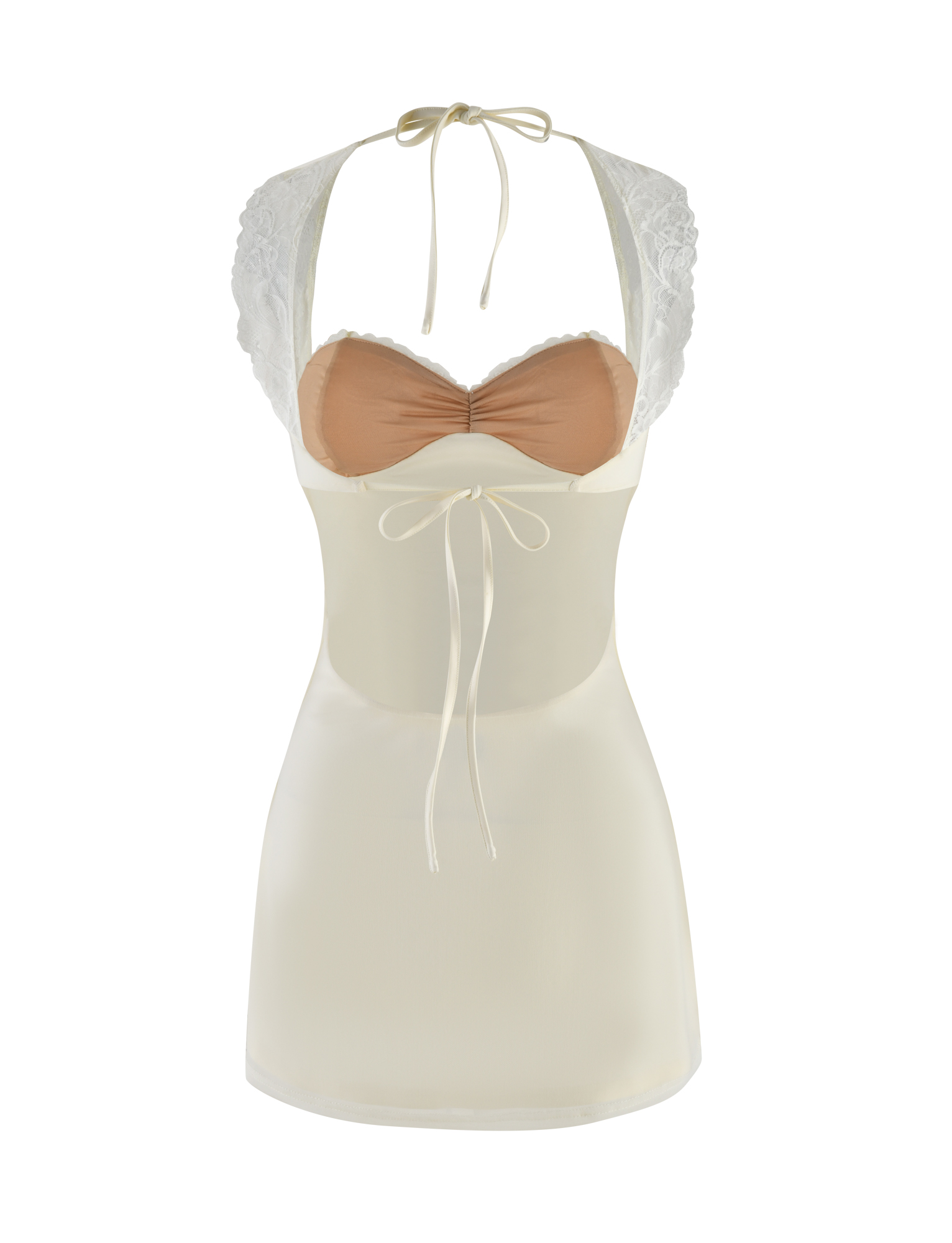 The TIGERMIST NYOMI MINI DRESS in cream features a sleeveless, lace bust design with a halter neck tie, open back, and satin waist bow, shown on a white background.