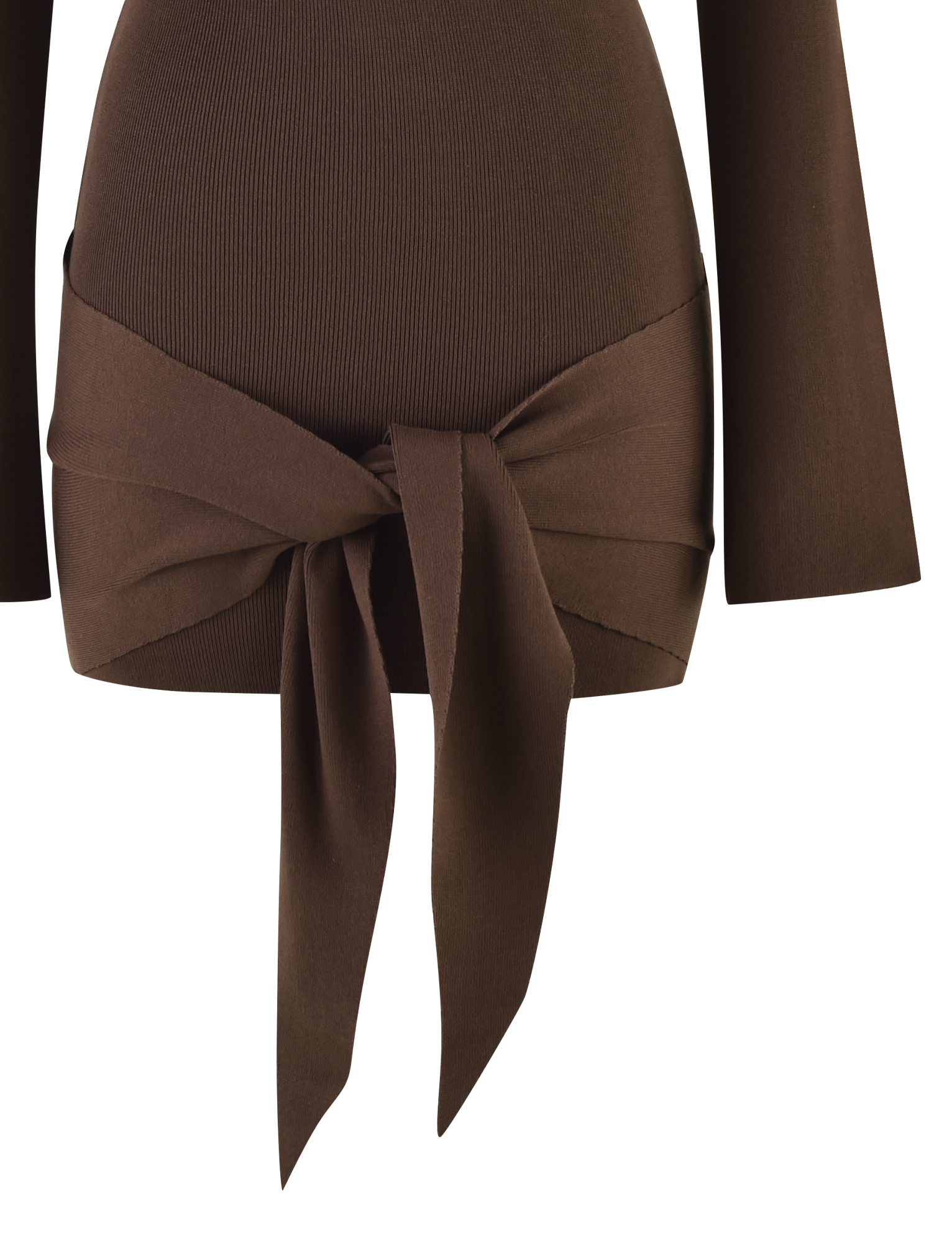 Close-up of the TIGERMIST CYPRESS MINI DRESS in chocolate brown, featuring ribbed fabric and a wide belt tied at the waist with long ends draping in front.