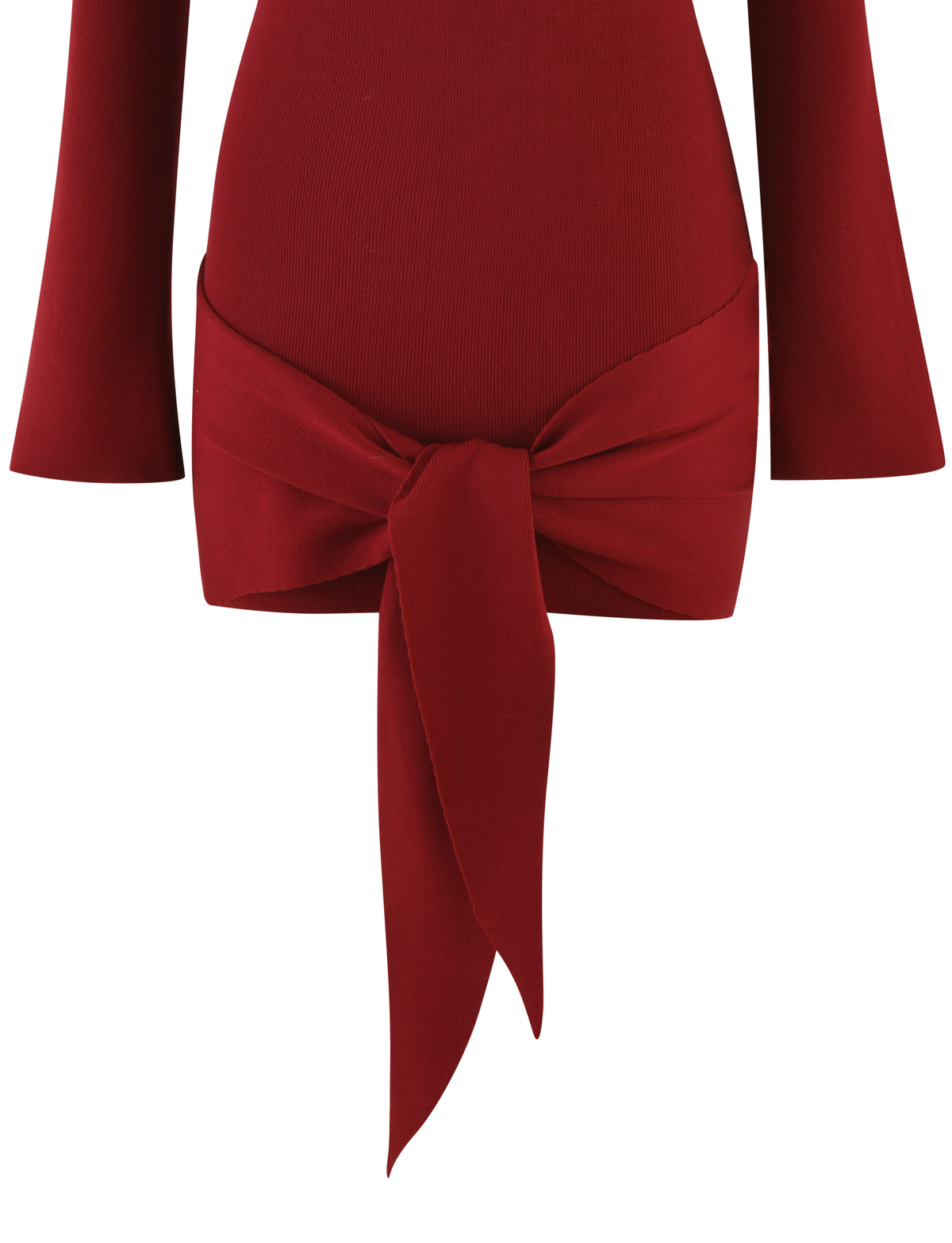 A close-up of the TIGERMIST CYPRESS MINI DRESS - RED : WINE, showcasing its long sleeves, wide fabric belt at the waist, and soft, stretchy material against a white background.