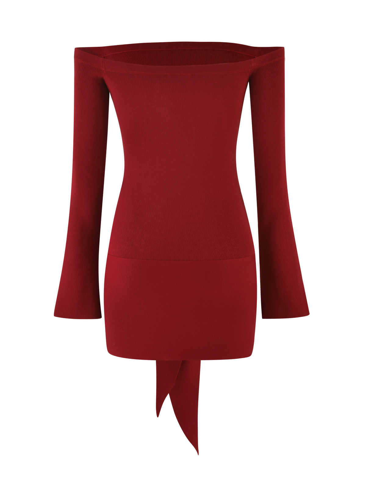The TIGERMIST CYPRESS MINI DRESS - RED : WINE features an off-the-shoulder elasticated neckline, long flared sleeves, and a pointed asymmetrical front hem in a rich wine red shade.