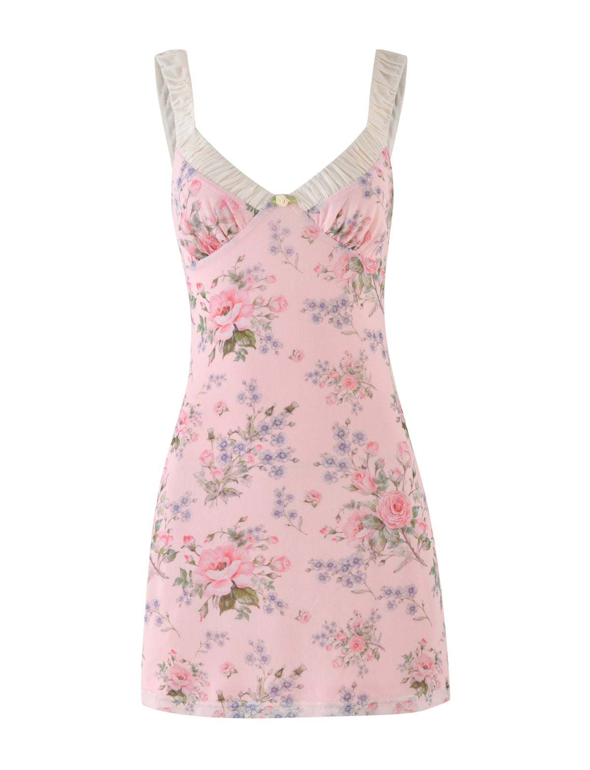 The AMARAN MINI DRESS - PINK : FLORAL : WILD FLOWER by TIGERMIST is a pink floral sleeveless mini dress that features a bustier-style fitted bodice and pleated shoulder straps. Adorned with a pattern of pink roses and small purple flowers against a light pink background, it exudes effortless elegance.