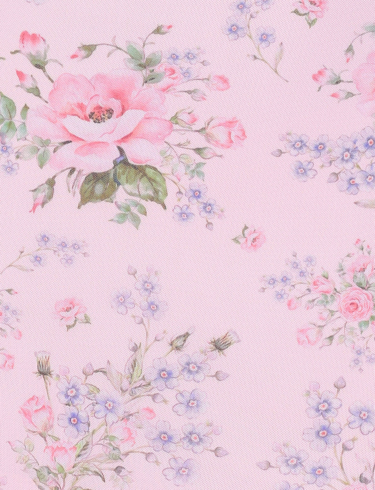 The AMARAN MINI DRESS - PINK : FLORAL : WILD FLOWER by TIGERMIST features a delicate pink floral pattern with roses and small blue flowers, accented by green leaves on a soft pastel pink backdrop. This piece exudes vintage romance with its bustier-inspired style, providing a light and airy sensation.