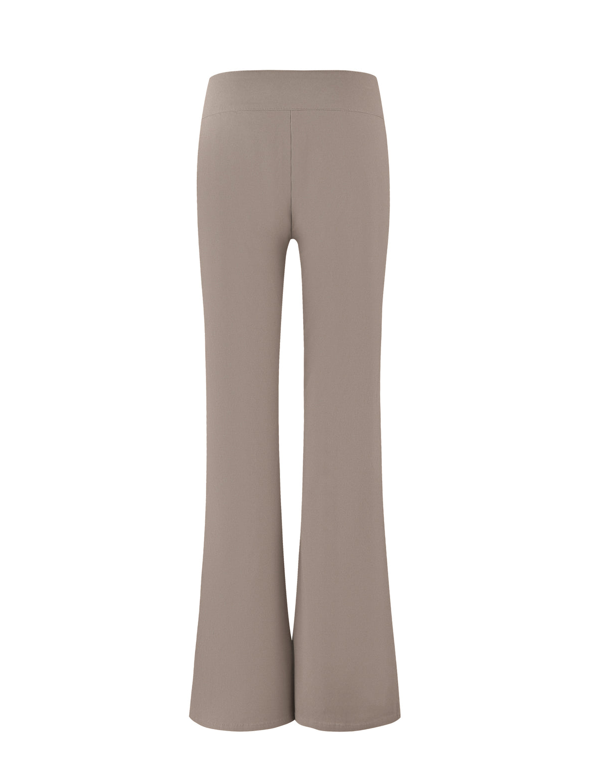 Back view of the Vesper Pant in tan by TIGERMIST. These high-waisted flared pants feature a smooth texture and slightly widen from the knee down, creating a classic bell-bottom silhouette.