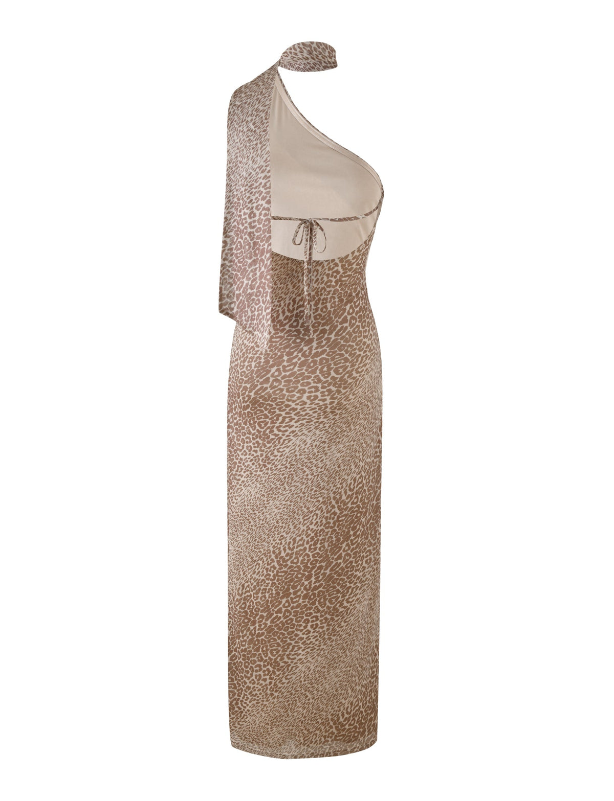 The TIGERMIST ALLIRA MAXI DRESS - NEUTRAL : LEOPARD is a sleeveless, one-shoulder fitted maxi dress in a beige leopard print, featuring an asymmetrical neckline, under-bust tie detail, stretchy fabric for comfort, and draped fabric over one shoulder.