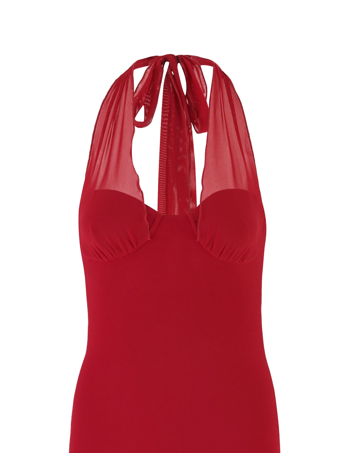 The GRANGER MIDI DRESS in cherry red from TIGERMIST boasts a stunning halter neck with sheer details at the neckline and straps, featuring a fitted bodice that embodies the elegance of a sophisticated midi dress.