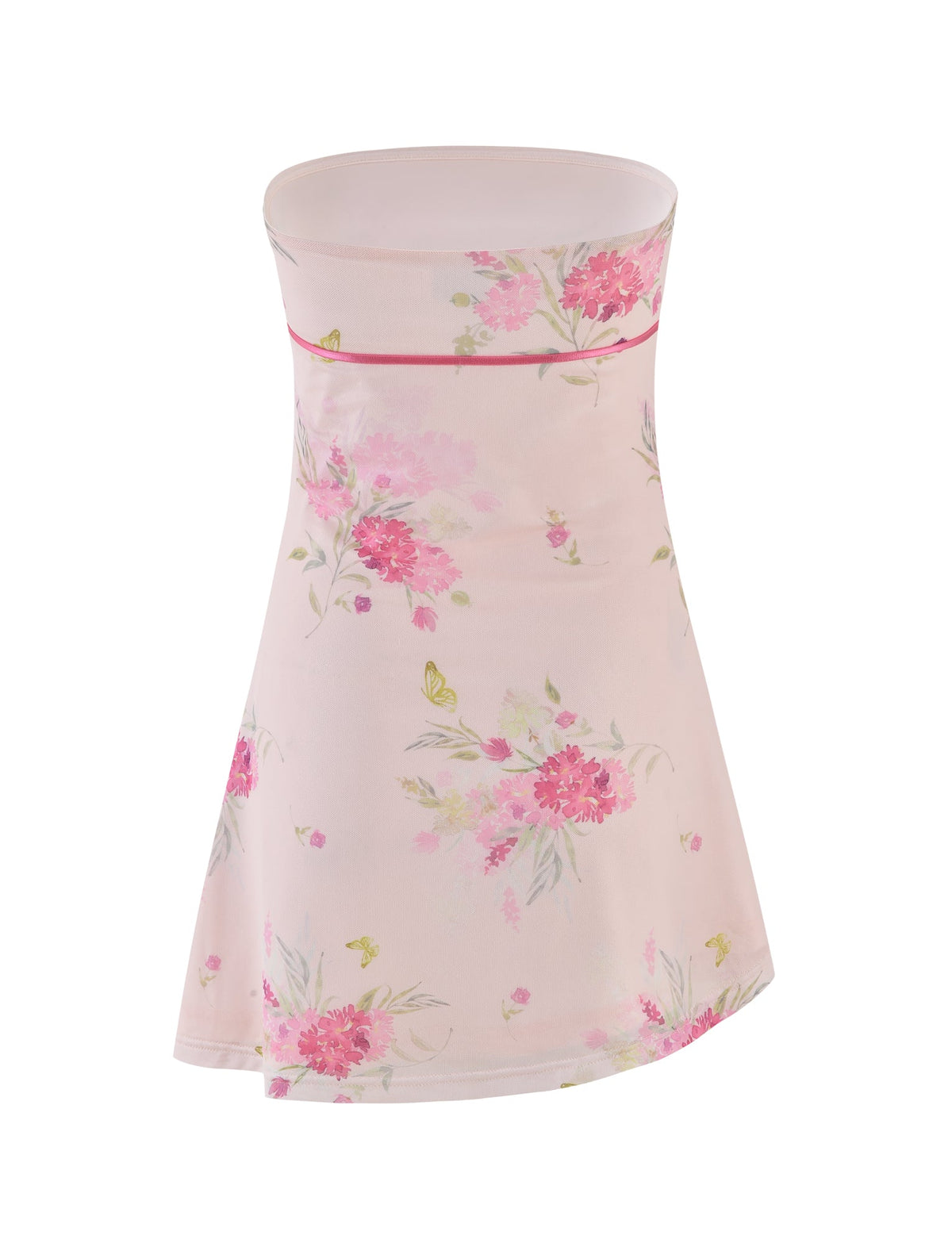 The CARSYN MINI DRESS by TIGERMIST showcases a stunning floral pattern against a light pink backdrop. This strapless dress is adorned with pink watercolour floral designs, featuring a waistline seam and an asymmetrical flared hem for added movement and elegance.