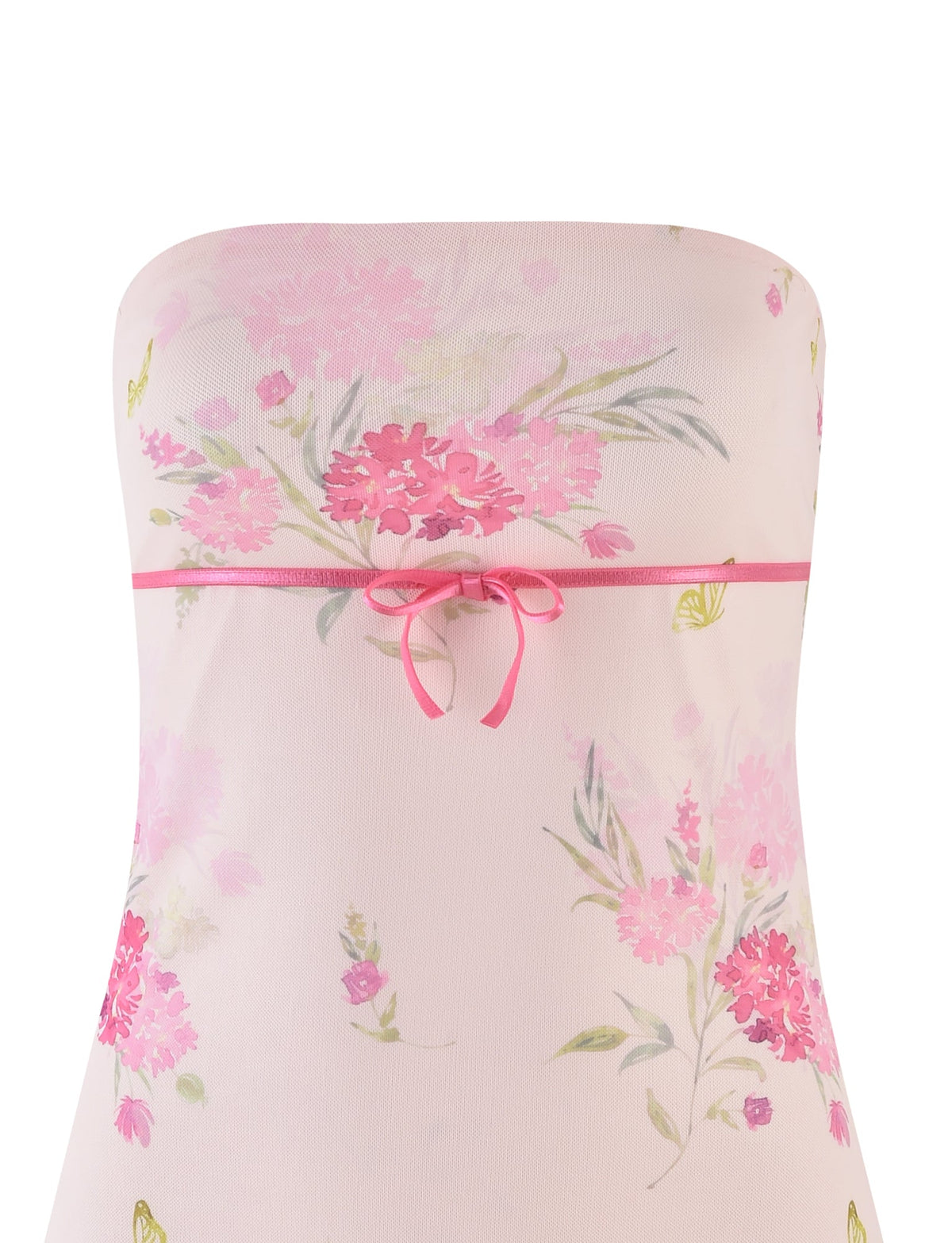 The CARSYN MINI DRESS by TIGERMIST features a strapless neckline with a watercolor floral print of pink flowers and green leaves, accented by an elegant ribbon bow at the chest.