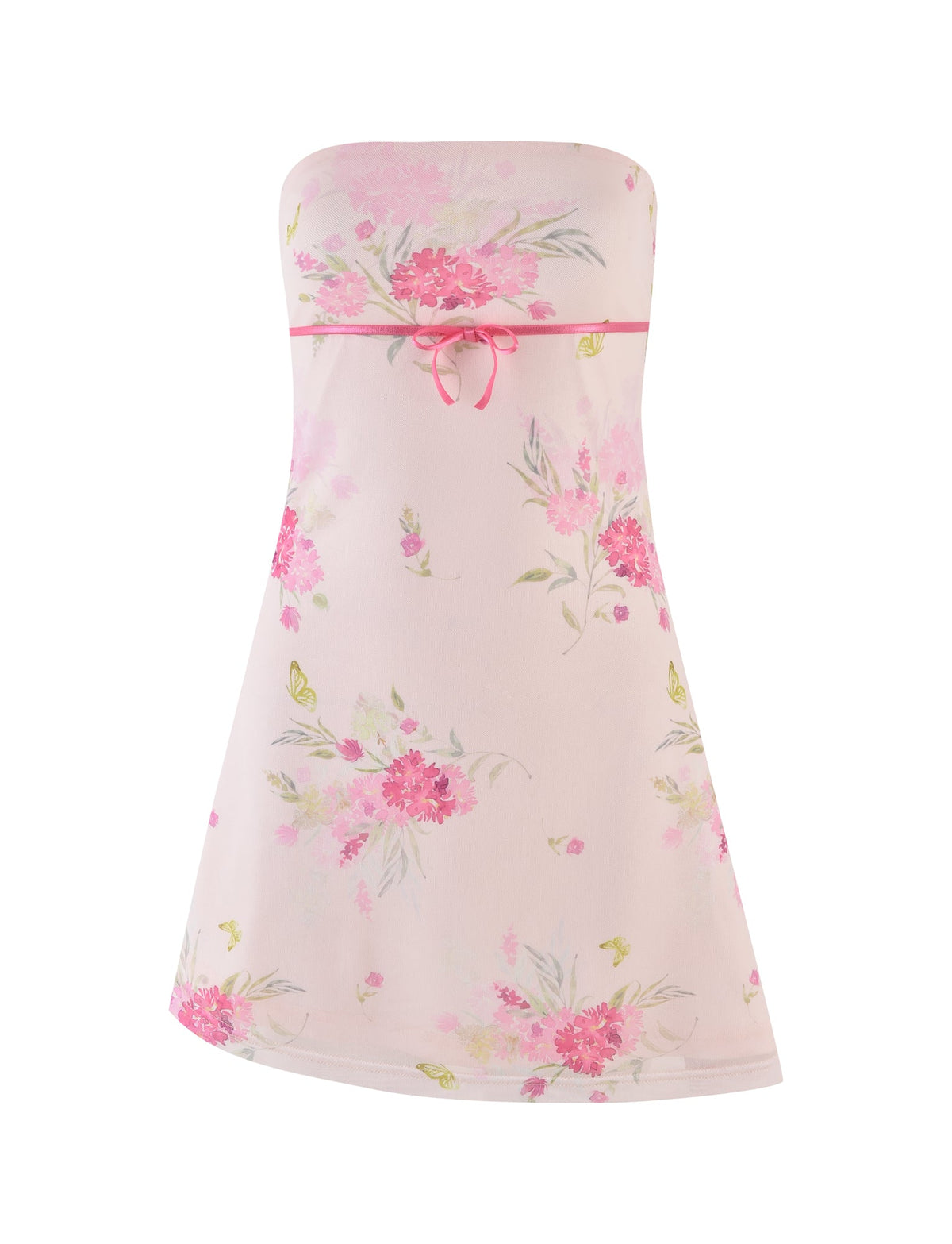 The TIGERMIST CARSYN MINI DRESS in watercolour floral features a strapless neckline with a pink floral pattern on a light background. It's accentuated by a pink ribbon at the waist and an asymmetrical hemline that enhances its feminine elegance, with butterflies and various flowers adding a whimsical touch.