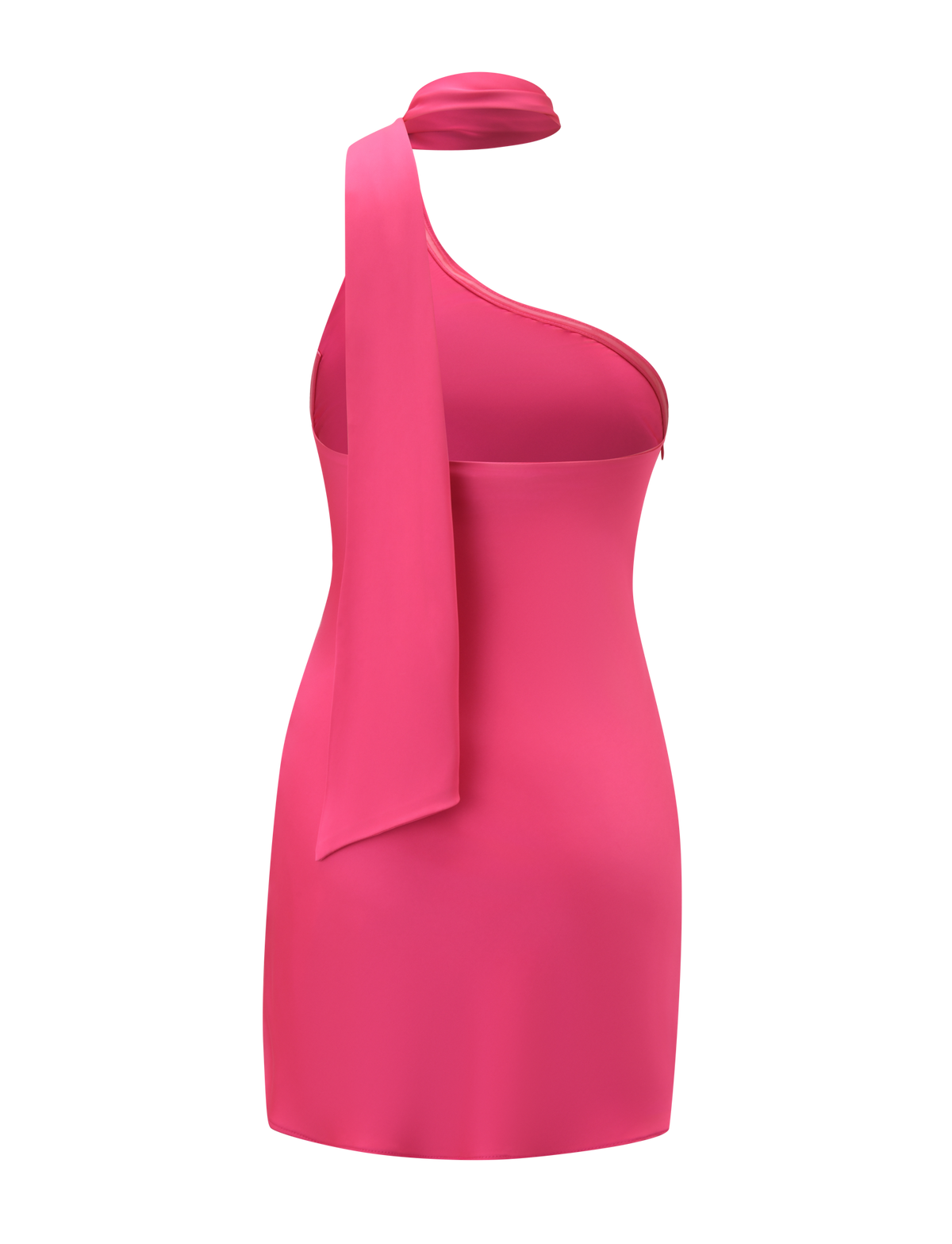 The ALLIRA MINI DRESS 2.0 by TIGERMIST features a bold bright pink hue, fitted silhouette, and asymmetrical neckline with a wide scarf-like strap draped over one shoulder for a chic, modern style.