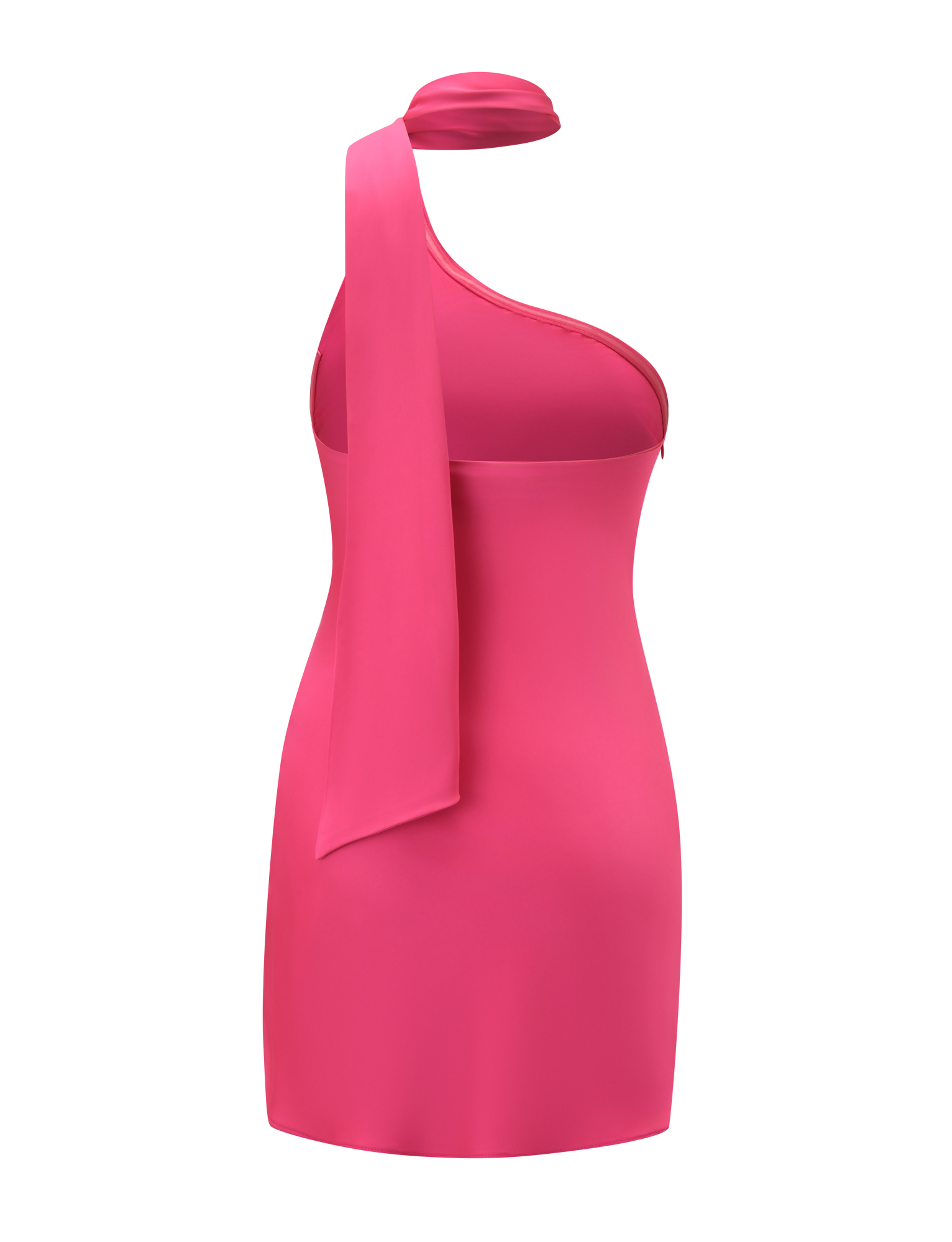 The ALLIRA MINI DRESS 2.0 by TIGERMIST features a bold bright pink hue, fitted silhouette, and asymmetrical neckline with a wide scarf-like strap draped over one shoulder for a chic, modern style.