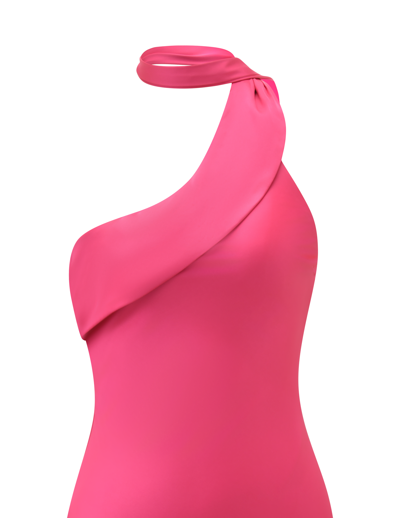 The TIGERMIST ALLIRA MINI DRESS 2.0 in bright pink features a bold, asymmetrical neckline that wraps stylishly around one side, draping over the bust for a smooth, fitted silhouette.