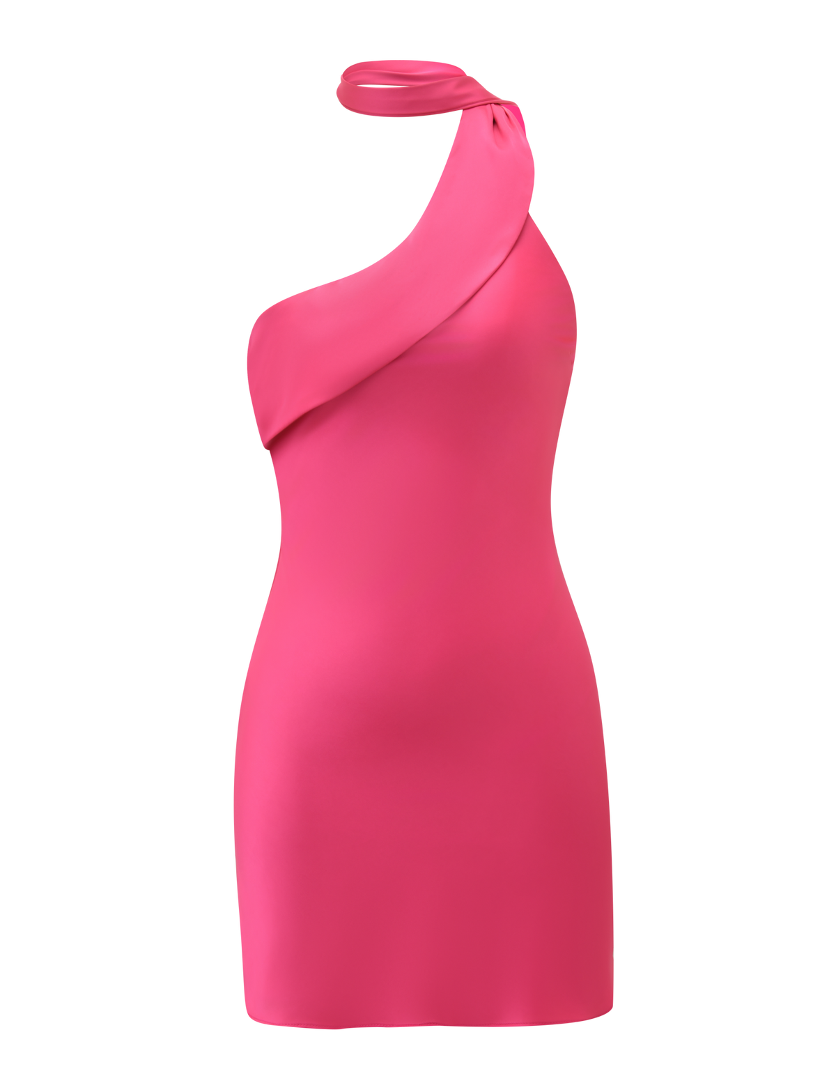 The TIGERMIST ALLIRA MINI DRESS 2.0 in bright pink is a sleeveless, fitted mini dress with an asymmetrical single-shoulder draped neckline, showcased on a plain white background.