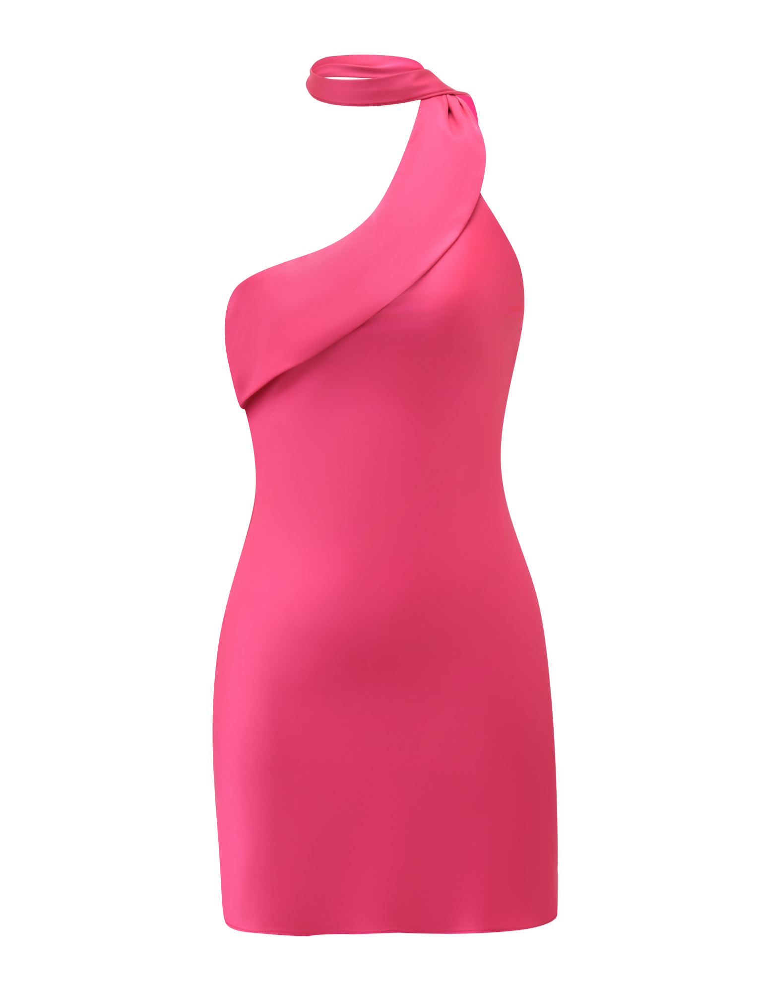 The TIGERMIST ALLIRA MINI DRESS 2.0 in bright pink is a sleeveless, fitted mini dress with an asymmetrical single-shoulder draped neckline, showcased on a plain white background.