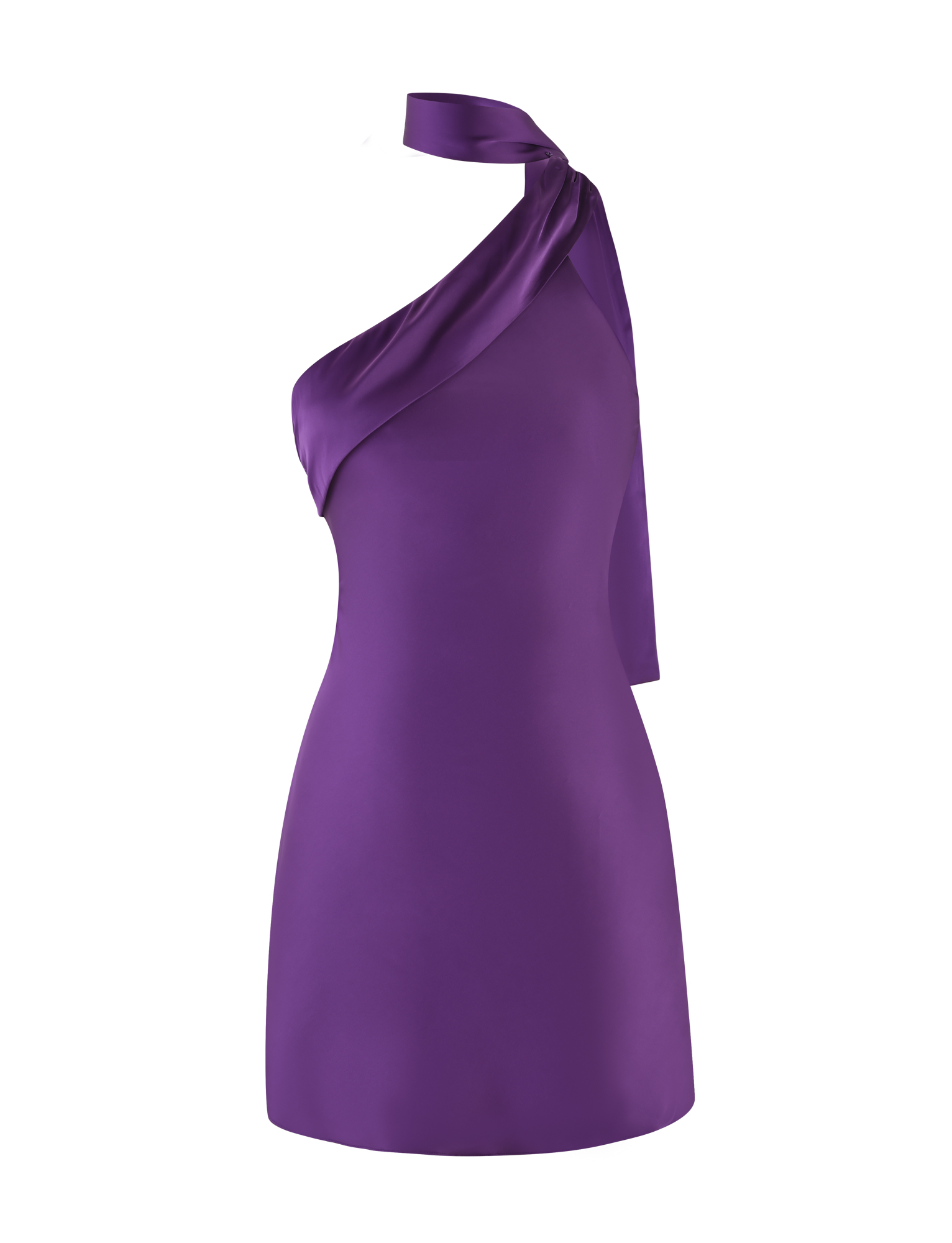 The TIGERMIST ALLIRA MINI DRESS 2.0 - PURPLE : LAVENDER is a fitted, lavender satin mini dress with an asymmetrical neckline, one draped neck strap, a smooth finish, and a short hemline.