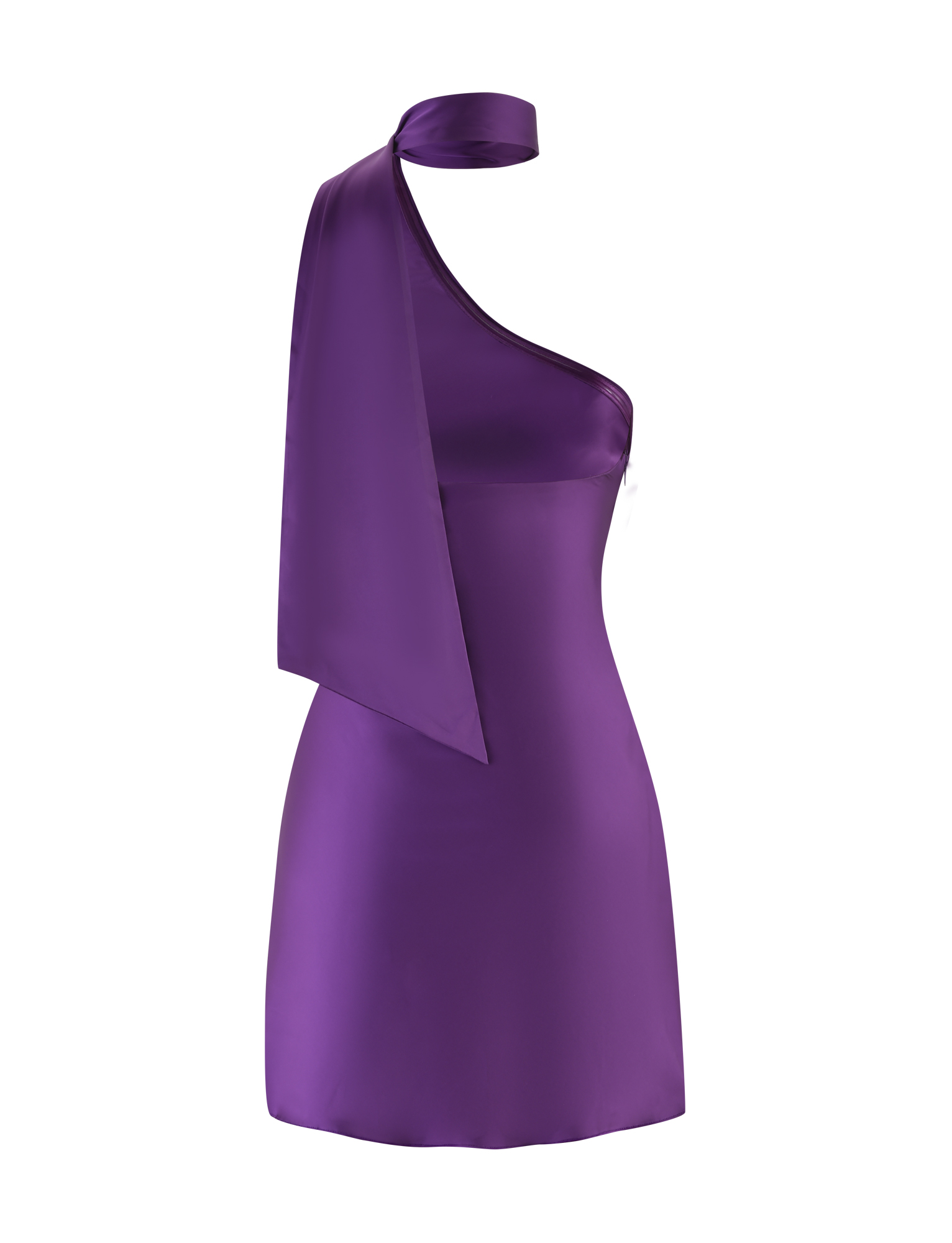 The TIGERMIST ALLIRA MINI DRESS 2.0 - PURPLE : LAVENDER is a sleeveless, satin mini dress with an elegant one-shoulder design and a striking scarf-like strap draped over one side.