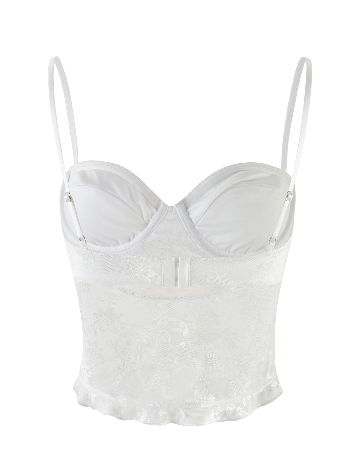 The CHARLEIGH TOP - WHITE by TIGERMIST features white lace, a sweetheart neckline, adjustable thin straps, fitted cups, floral pattern, semi-sheer bodice, and a slight ruffle hem.